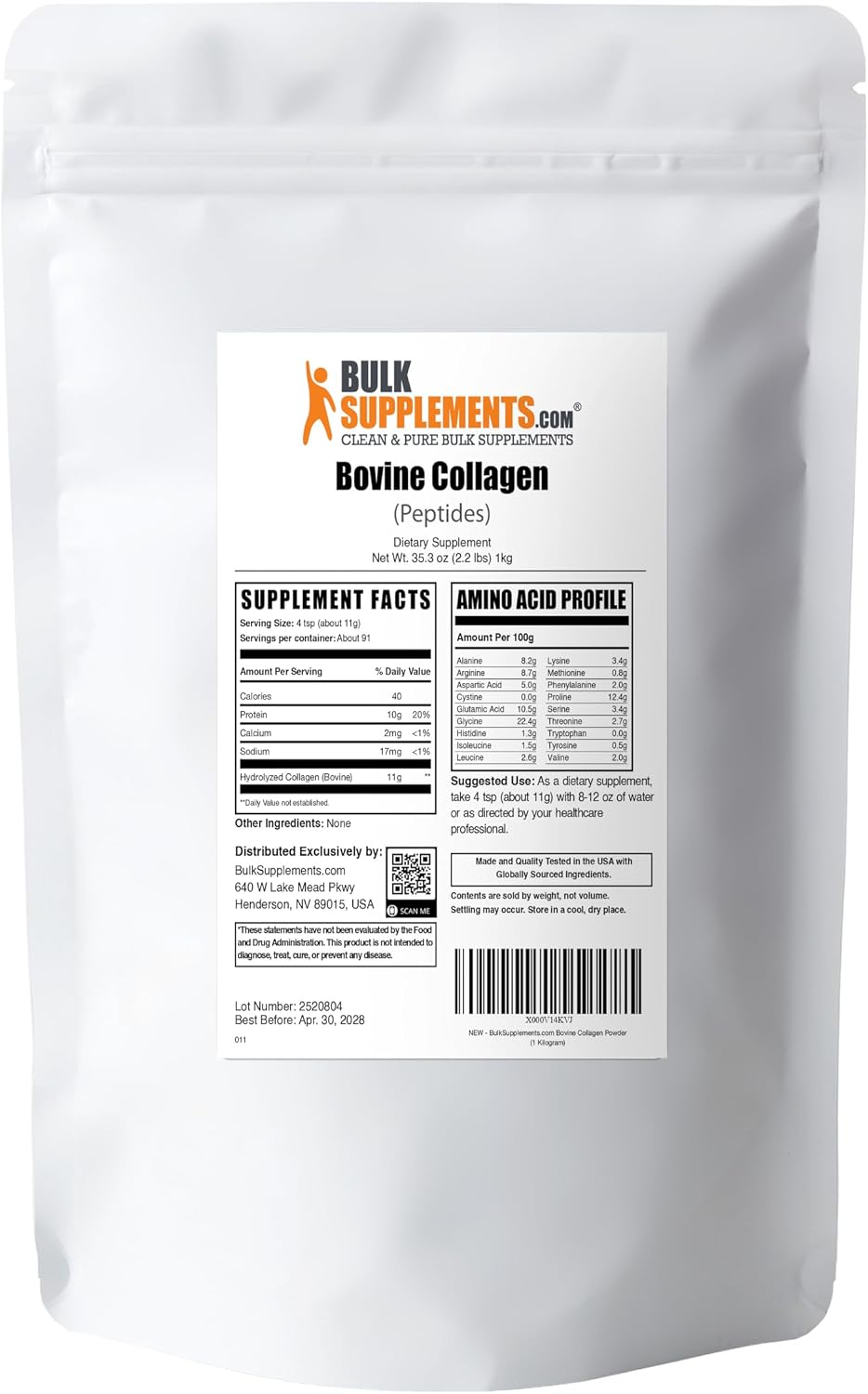 BulkSupplements.com Collagen Peptides Powder - Bovine Collagen Powder, Powdered Collagen Supplement - Hydrolyzed & Gluten Free, 11g per Serving, 1kg (2.2 lbs) (Pack of 1)
