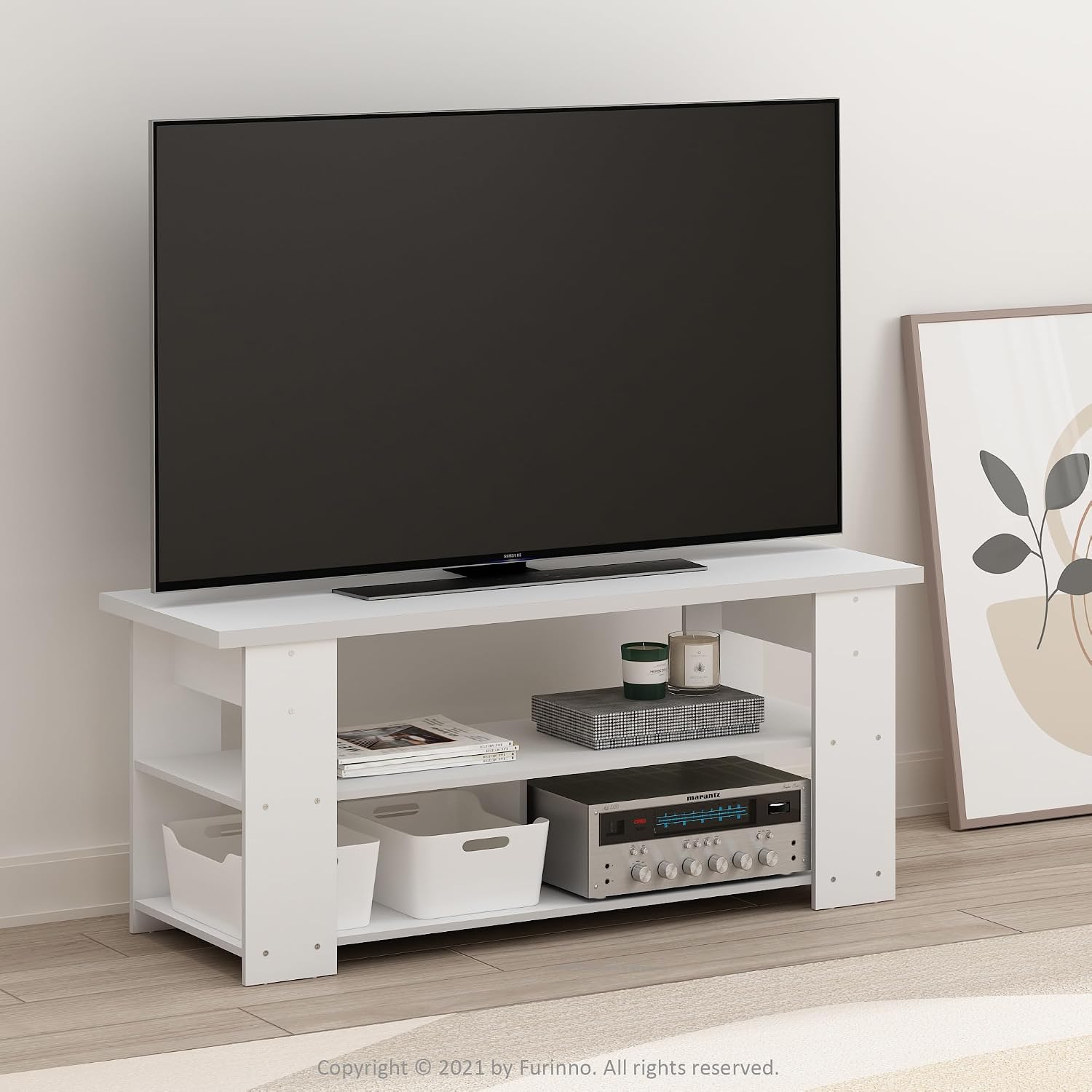 Furinno Nelly TV Stand, 3-Tier Entertainment Center with Open Shelves Storage, TV Console for TV up to 55 Inch, Soft Edges, for Living Room, Bedroom, Black