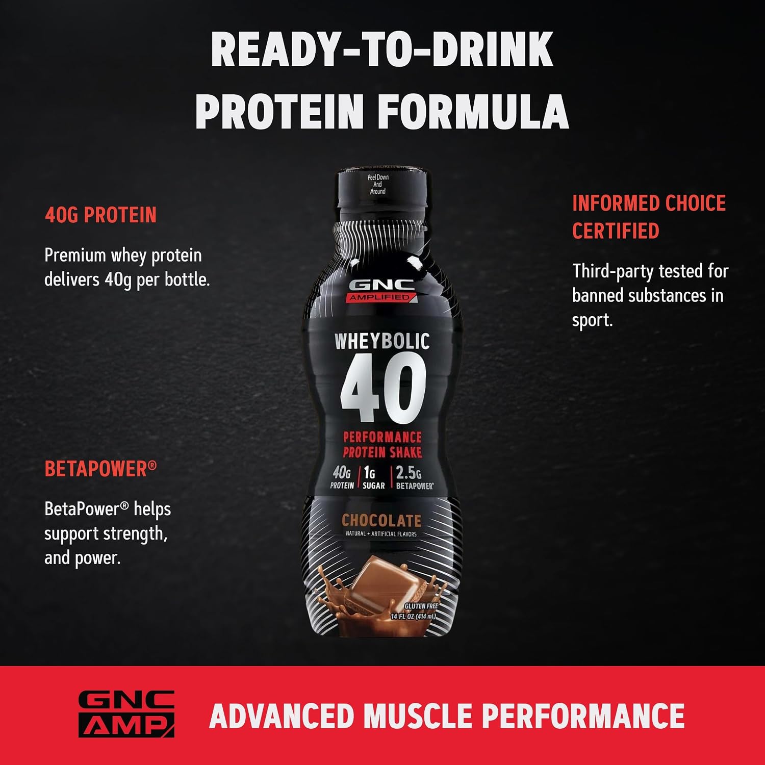 GNC AMP Wheybolic 40, Chocolate, 14 oz, 12 Bottles | Ready to Drink Whey Protein with 40G Protein and Betapower to Support Strength