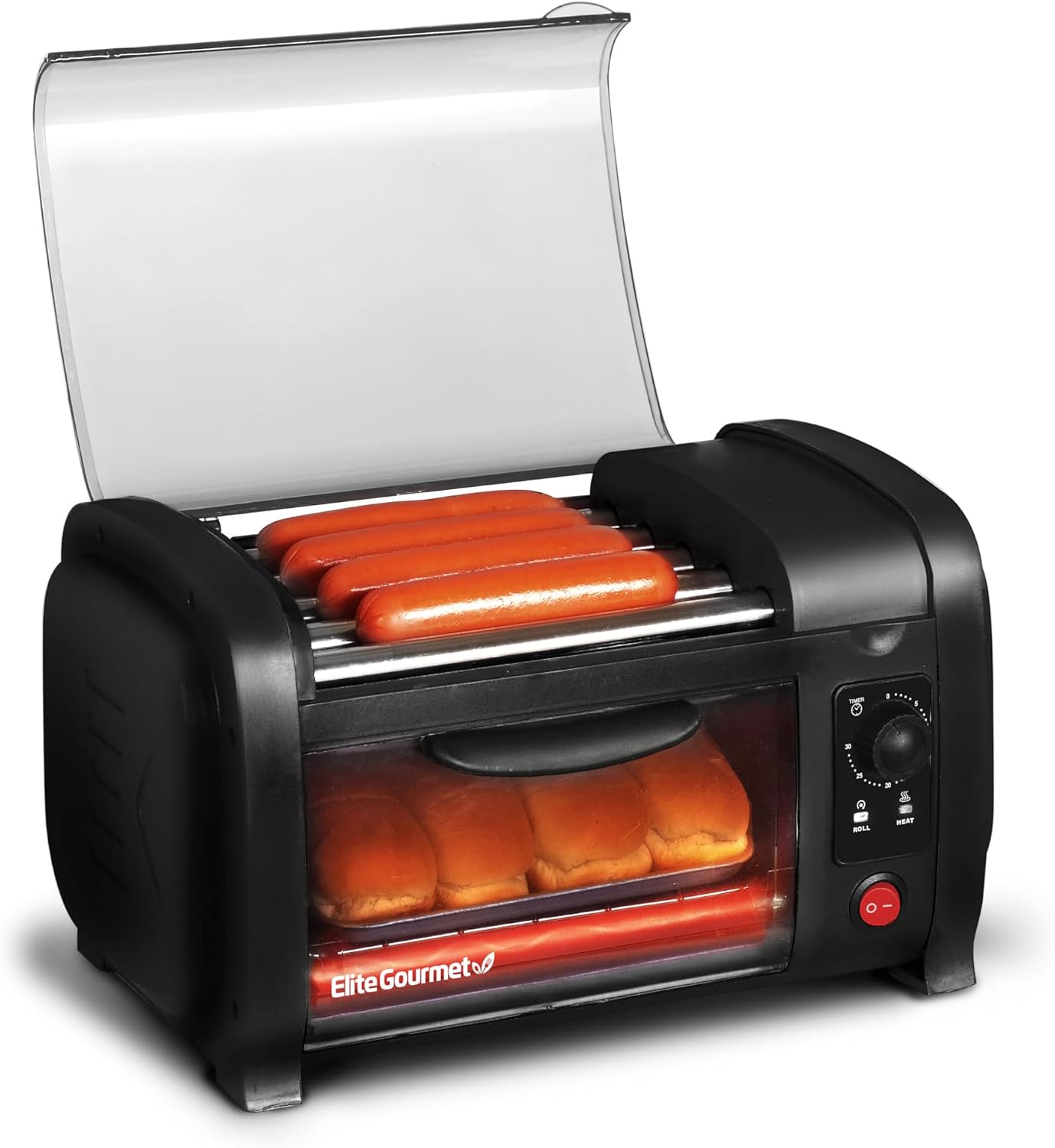 Elite Gourmet EHD-051B Hot Dog Toaster Oven, Steel Rollers, 4-Bun, Black | 30-Min Timer