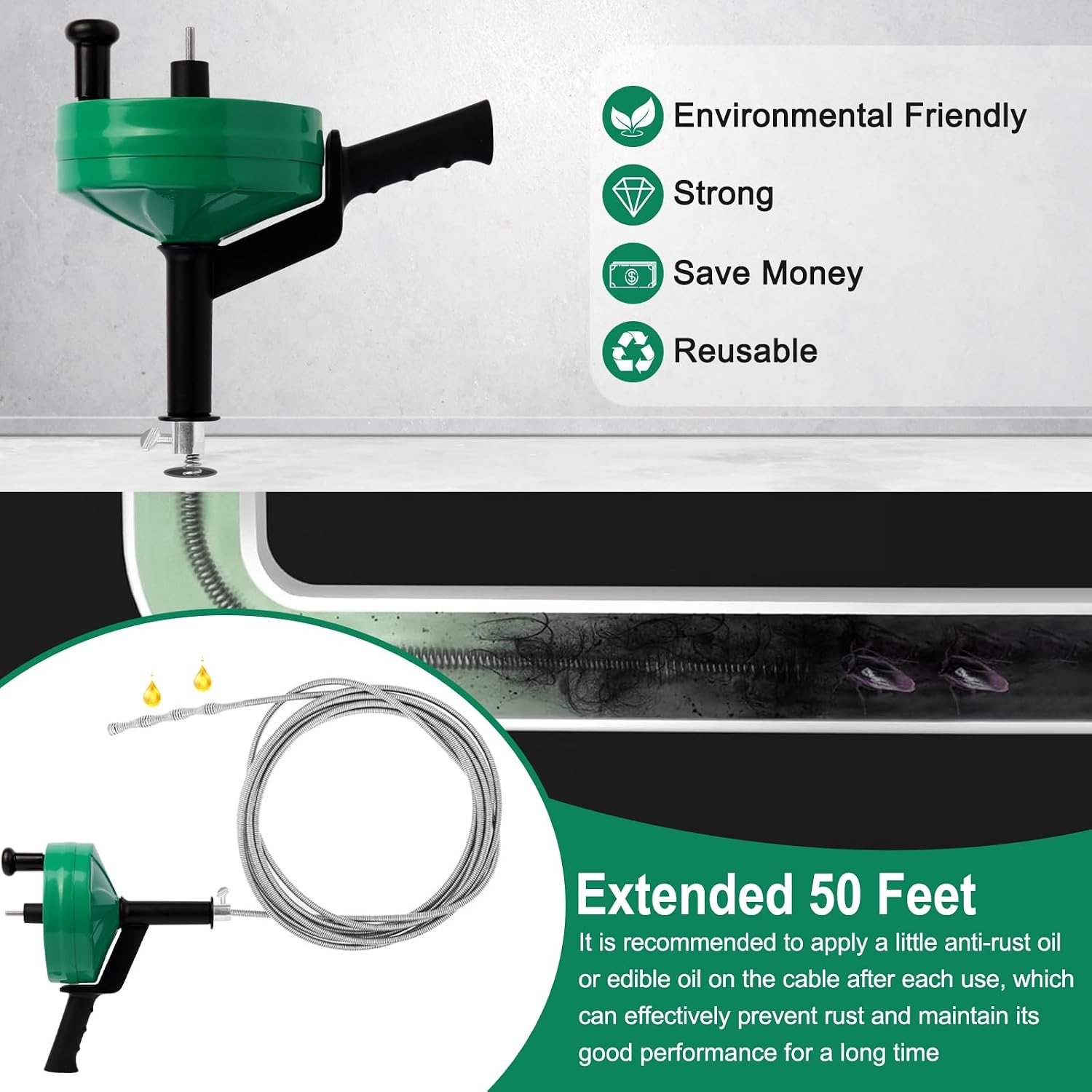 Wayona Drain Snake 50 FT, Plumbing Snake for Sink Snake Drain Clog Remover, Drain Snake with Drill Attachment with Bag Gloves Cleaning Brush