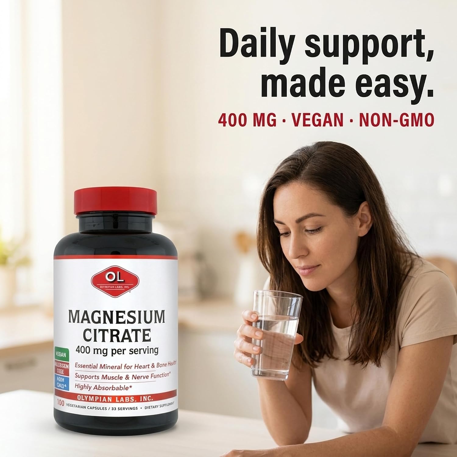 Olympian Labs Magnesium Citrate 400mg - 300 Capsules - Easy Absorbable, Supporting Healthy Bones, Healthy Heart and Calcium Absorption