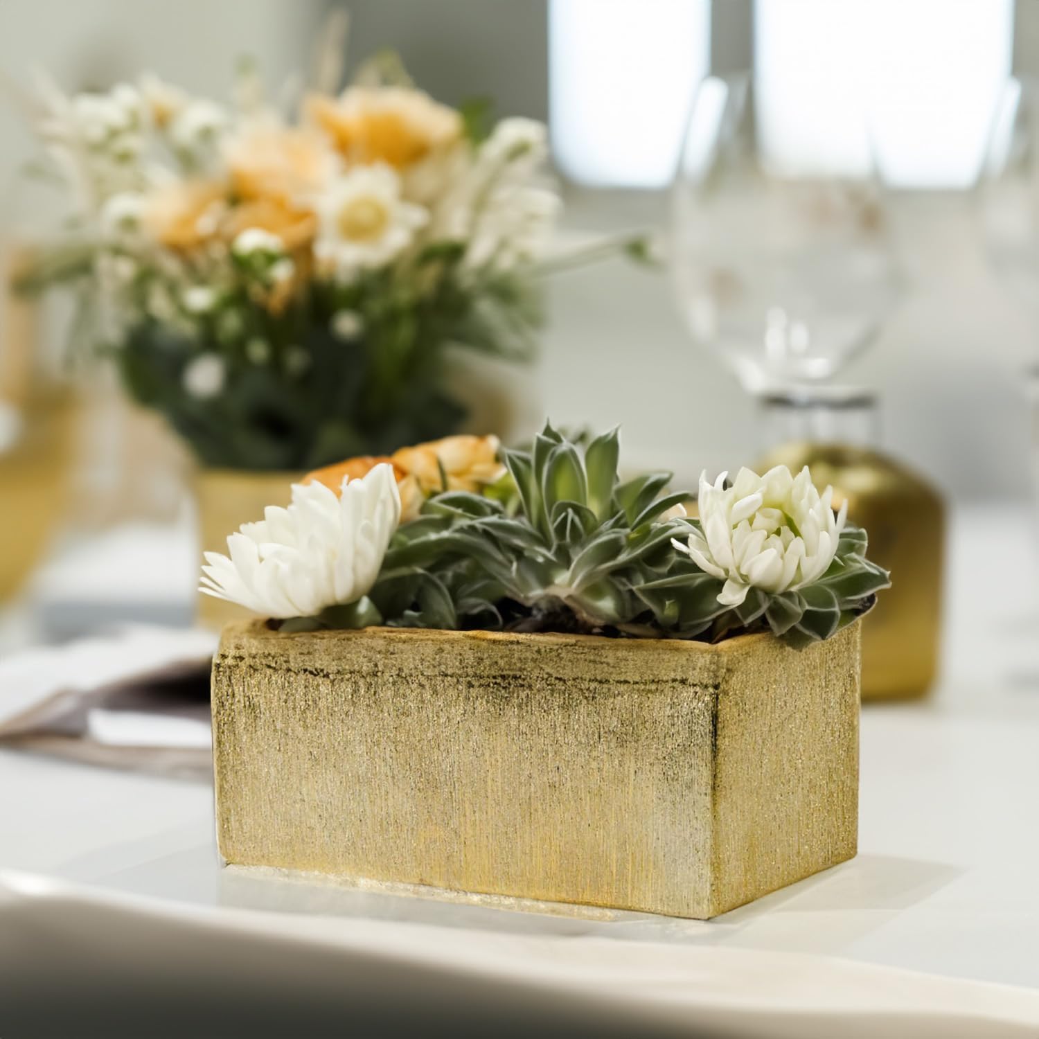 WGVI Long Rectangle Ceramic Planter Vase in White 14" x 4" x 4"H, Rectangular Box Block Terrarium Pot, Flower Arrangement, Tabletop Centerpiece