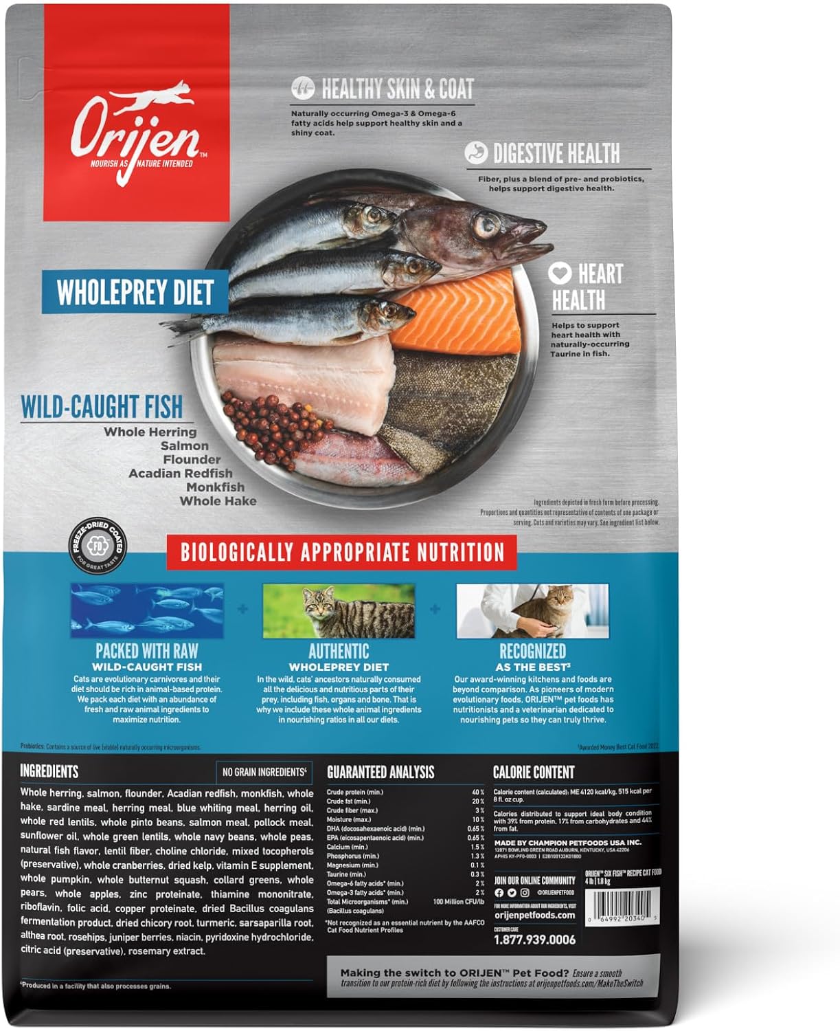 ORIJEN Grain Free WHOLEPREY Dry Cat Food Original Recipe 4lb. Bag | 90% Animal Ingredients, Freeze Dried, Fresh or Raw Ingredients, High Protein, Heart Health, Free-Run Poultry