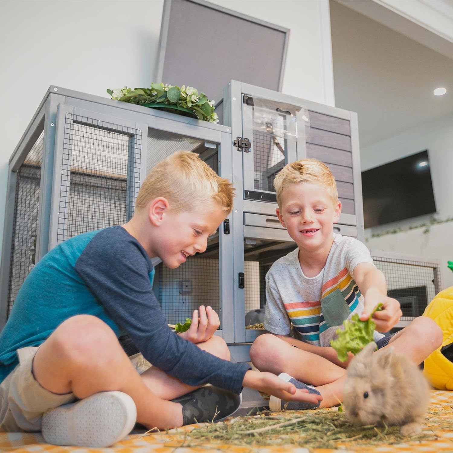 Indoor Rabbit Bunny Hutch Outdoor, Guinea Pig Cages with Removable Bottom Wire Netting - Easy Clean