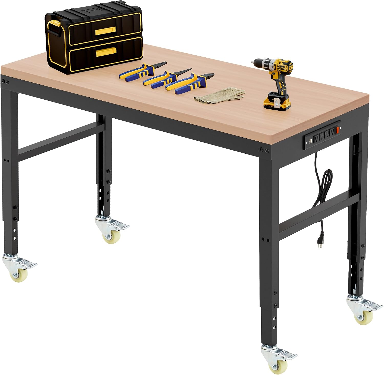 Antifir 60" Adjustable Workbench, Heavy Duty Wood Workstation | Garage Workbench, 2000 LBS Load Capacity, Work Table with Power Outlet and Foot Pads for Commercial, Workshop, Office, Home
