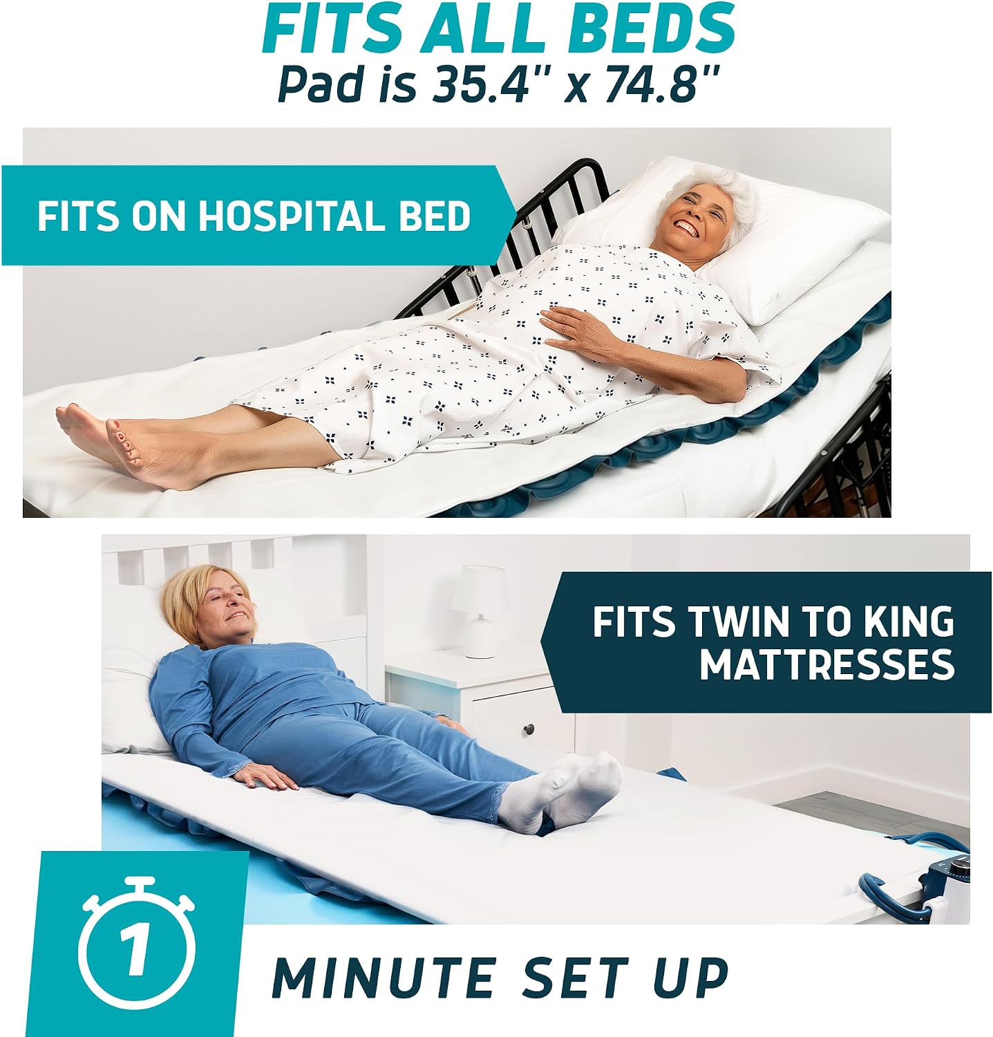 Lunderg PressuRelief Alternating Air Pressure Mattress Pad with Static Mode | With Snap-2-Pad Comfort Layer - Quiet Pump, Comfortable Bed Sore Prevention Mattress Topper for Hospital Bed or Home
