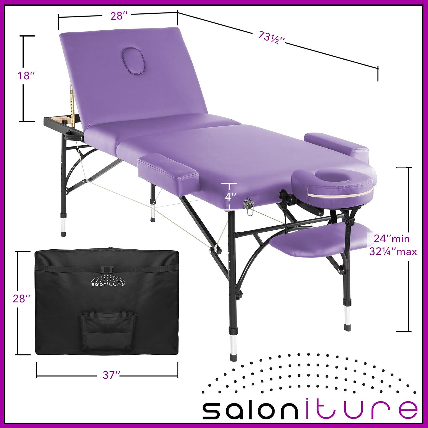 Saloniture Professional Portable Lightweight Tri-Fold Massage Table with Aluminum Legs - Includes Headrest, Face Cradle