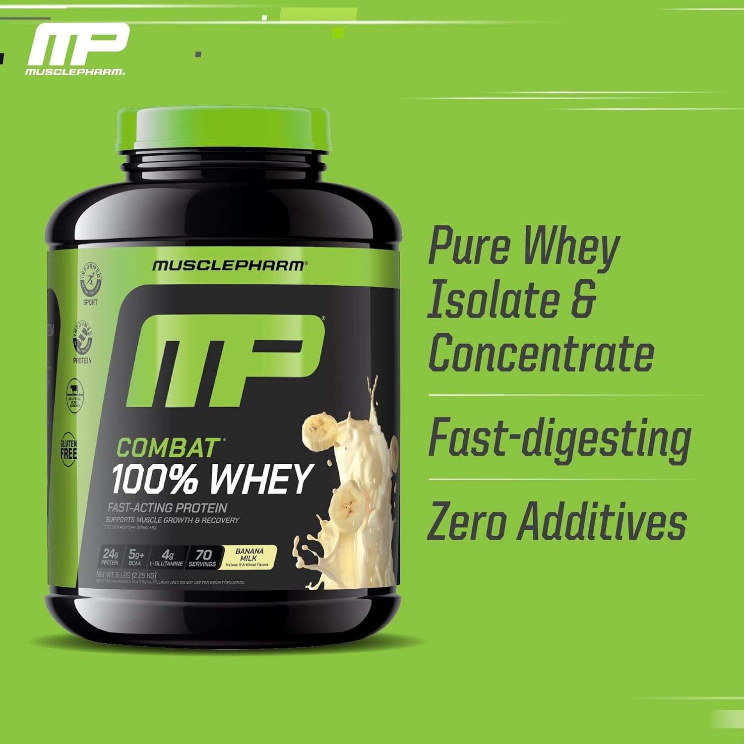 MusclePharm Combat 100% Whey Protein Powder, Vanilla Flavor, Fast Recovery & Muscle Gain with Whey Protein Isolate, High Protein Powder for Women & Men, Gluten Free, 5 lb, 70 Servings | Whey Protein Isolate, Fast Recovery Support, Muscle Gain Support, Hi…