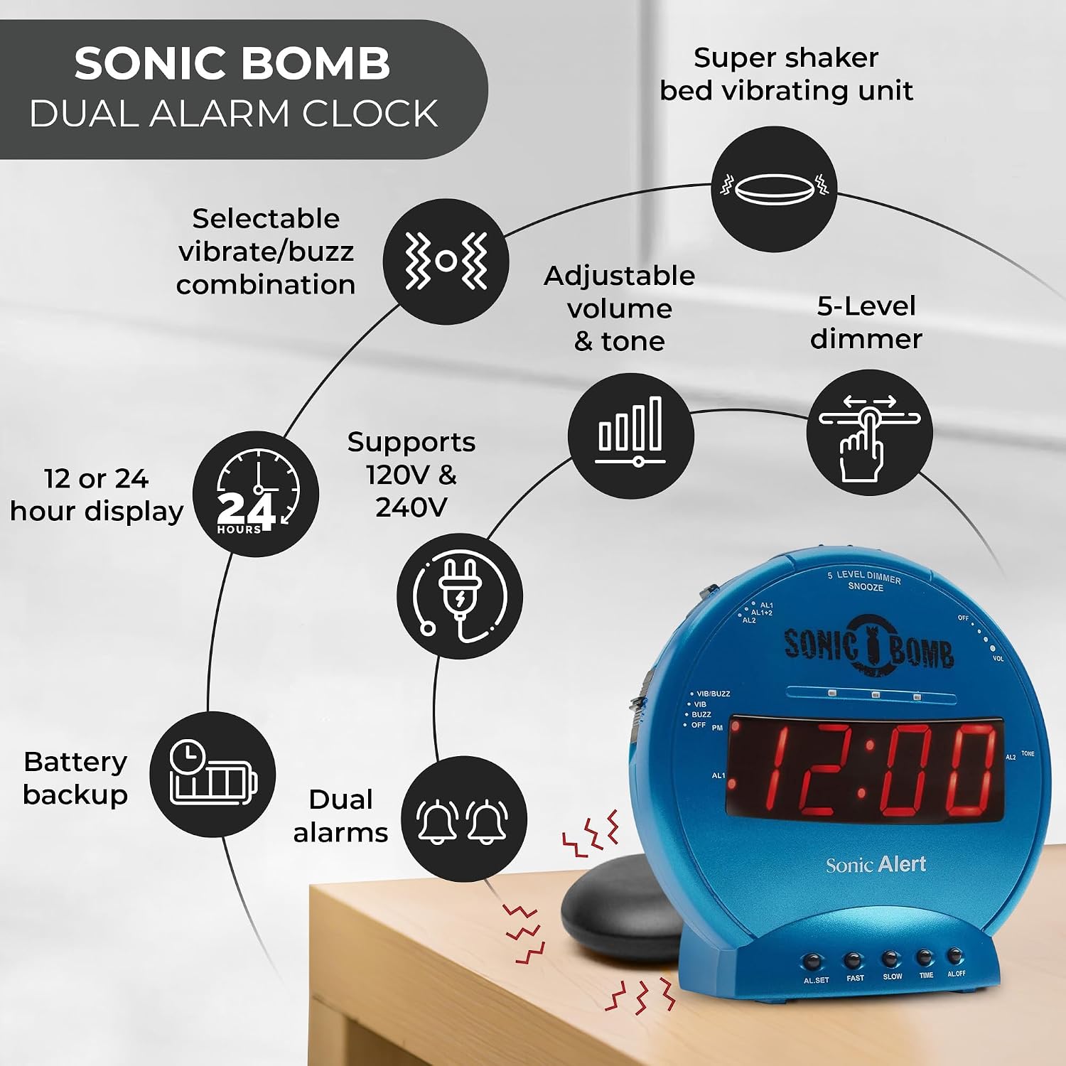 Sonic Bomb Dual Extra Loud Alarm Clock with Bed Shaker, Black | Sonic Alert Vibrating Alarm Clock Heavy Sleepers, Battery Backup | Wake with a Shake