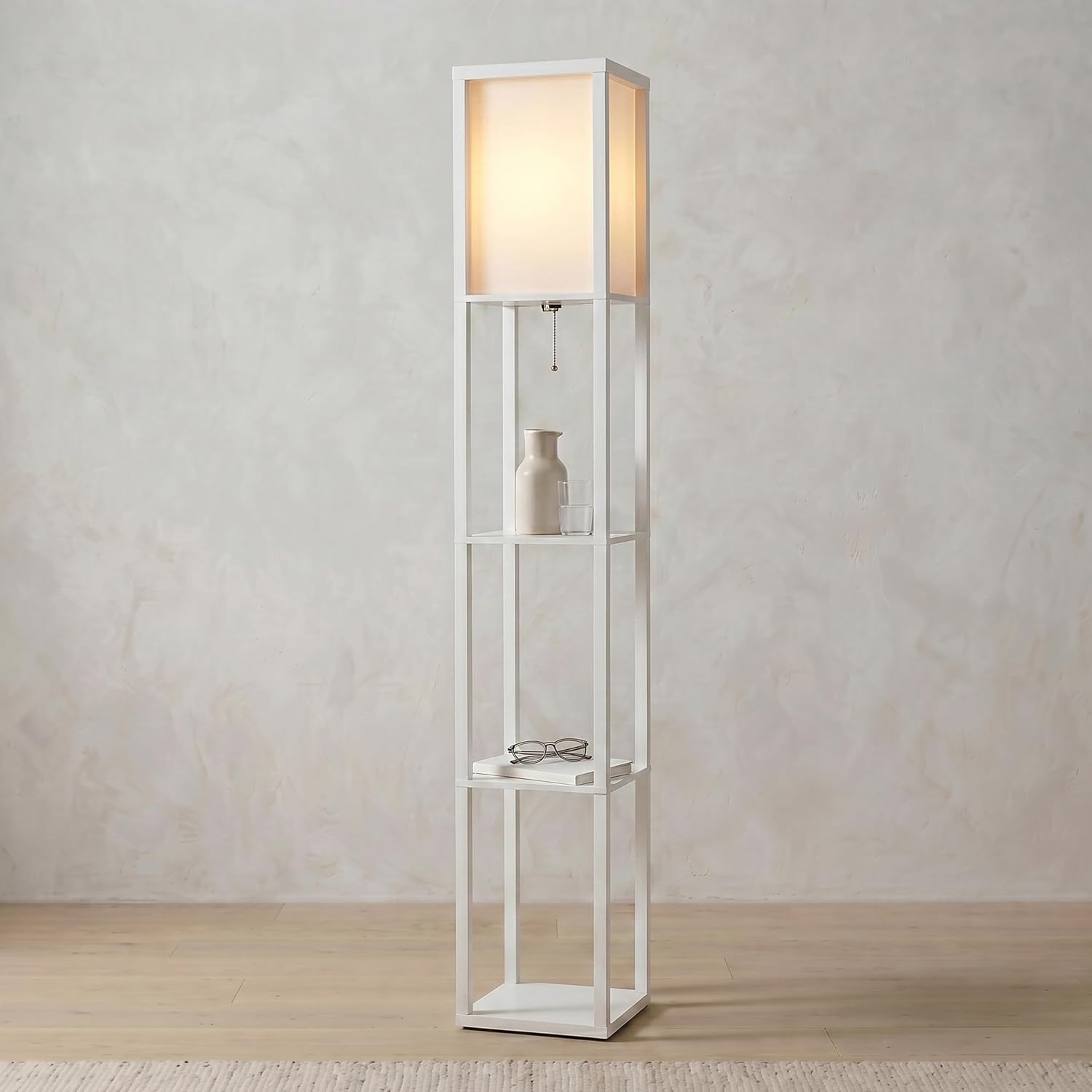 Brightech Maxwell - Modern Shelf Floor Lamp with Lamp Shade & Warm White LED Bulb, Corner Display Floor Lamp with Shelves for Living Room, Bedroom, Nightstand Office, Home Decor Storage - Natural Wood