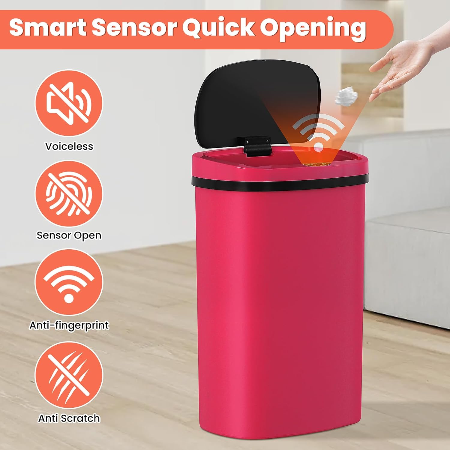 13 Gallon Touch-Free Automatic Stainless-Steel Trash Can Garbage Can Metal Trash Bin with Lid for Kitchen Living Room Office Bathroom, Electronic Motion Sensor Automatic Closure & Opening