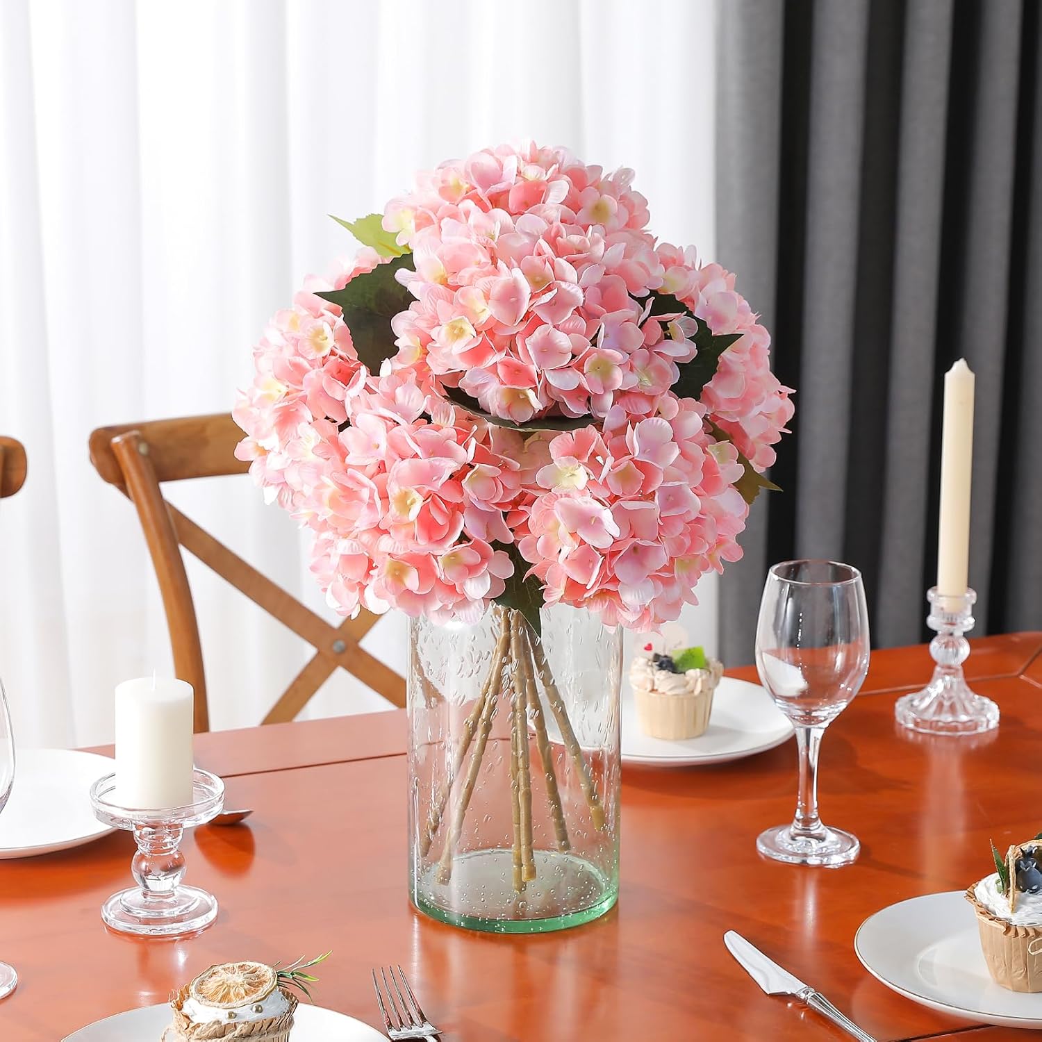 Kisflower 6pcs White Hydrangea Artificial Flowers - Faux Hydrangea Flowers, Fake Silk Flowers for Table Centerpiece