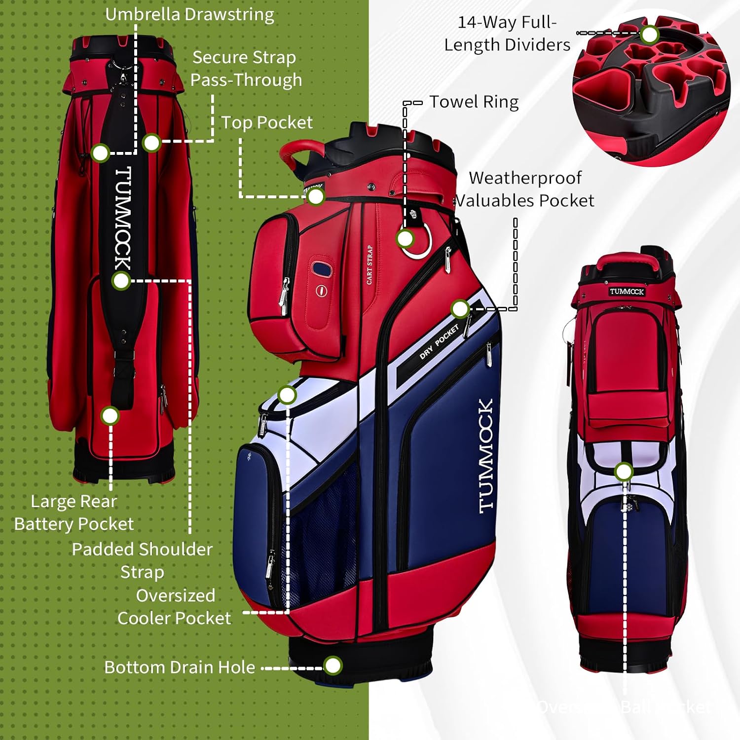Golf Cart Bag, 14-Way Top Divider with Multiple Storage Pockets, Lightweight & Durable Golf Bag for Men, Cart-Friendly Design