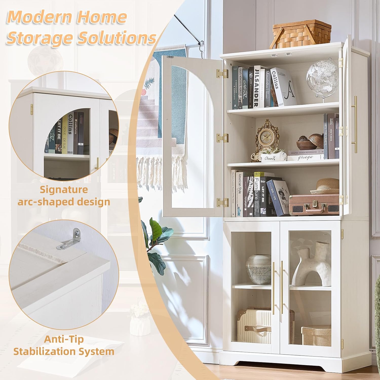 Joaxswe 72" Tall Bookshelf with 4 Curved Glass Doors, Farmhouse Bookcase with 3-Tier Adjustable Shelves, Modern Living Room Display Cabinet, Large Storage Cabinet for Home Office,Dining Room, Natural