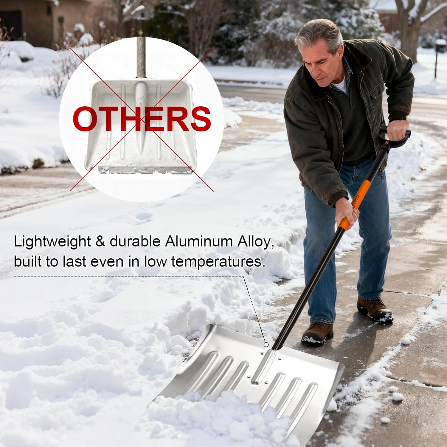 Snow Shovel for Driveway, Aluminum Heavy Duty Snow Shovel for Snow Removal with Ergonomic D-Handle, 53 Inches