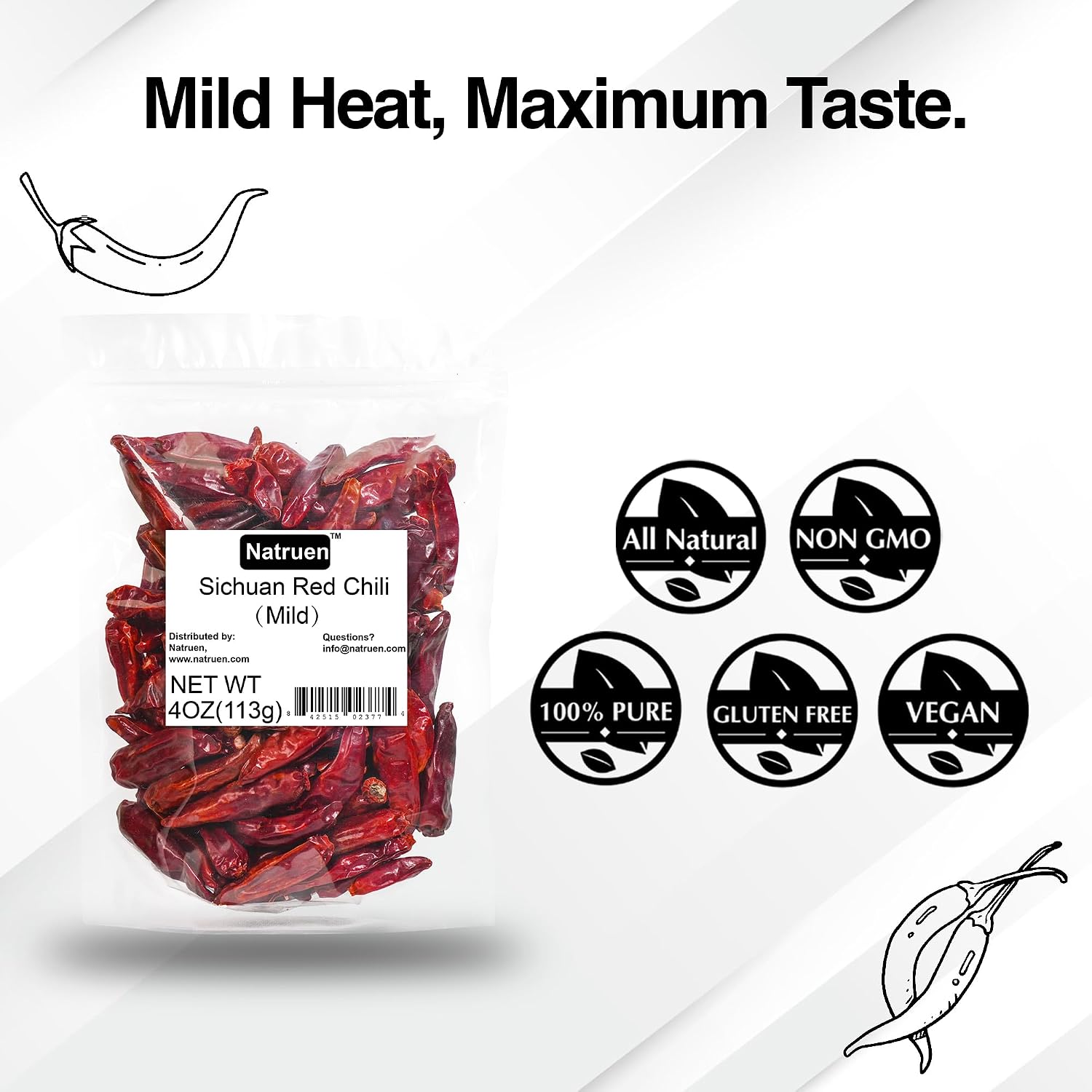 Natruen Dried Sichuan Red Chili Pods 4 oz, Medium Hot, Whole Chilies