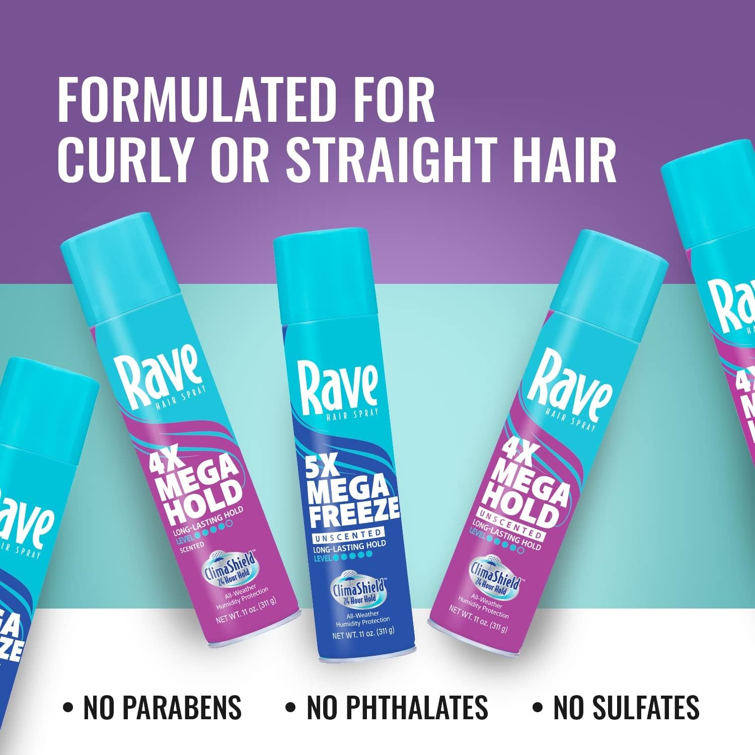 rave 4X Mega Unscented Aerosol Hairspray - Hair Spray for High Humidity Weather - 24-Hour Lasting Hold - Vitamin-Enhanced Hair Volume Spray - 11 oz