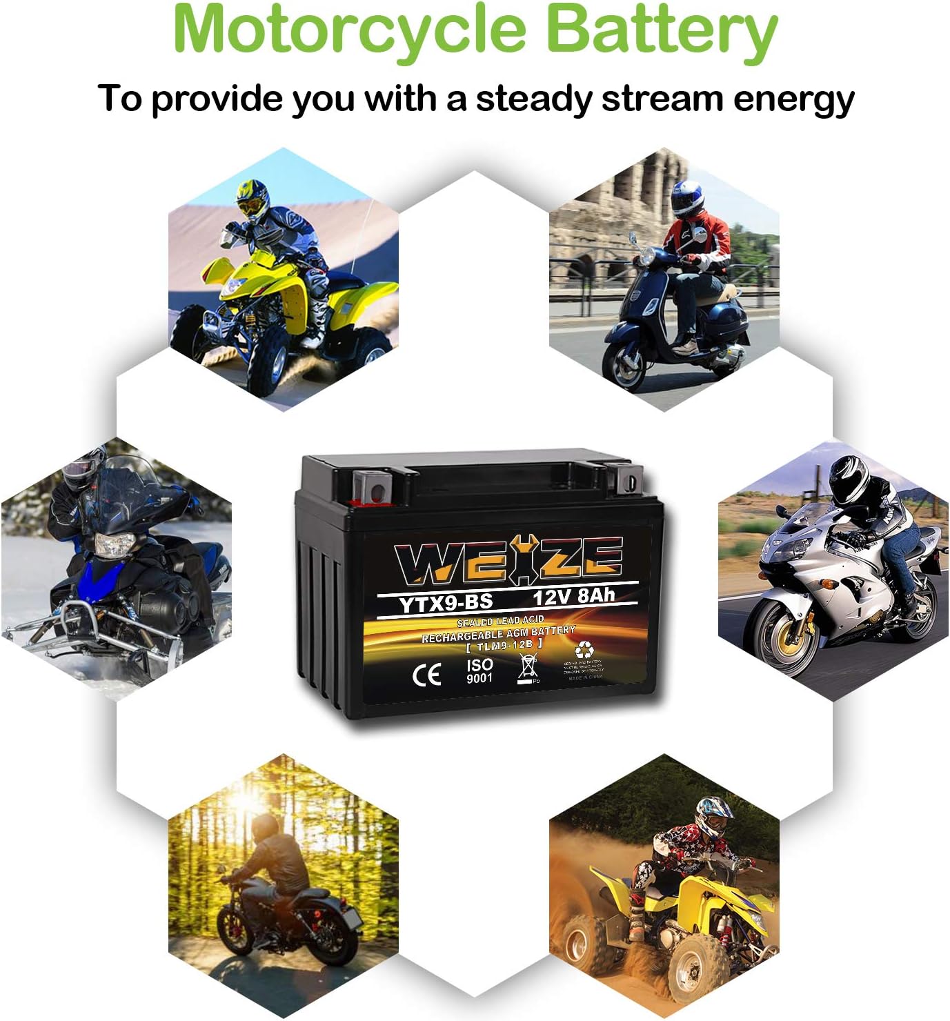 Weize YTX14 BS ATV Battery High Performance - Maintenance Free - Sealed AGM YTX14-BS Motorcycle Battery compatible with Honda Suzuki Kawasaki Yamaha scooter snowmobile