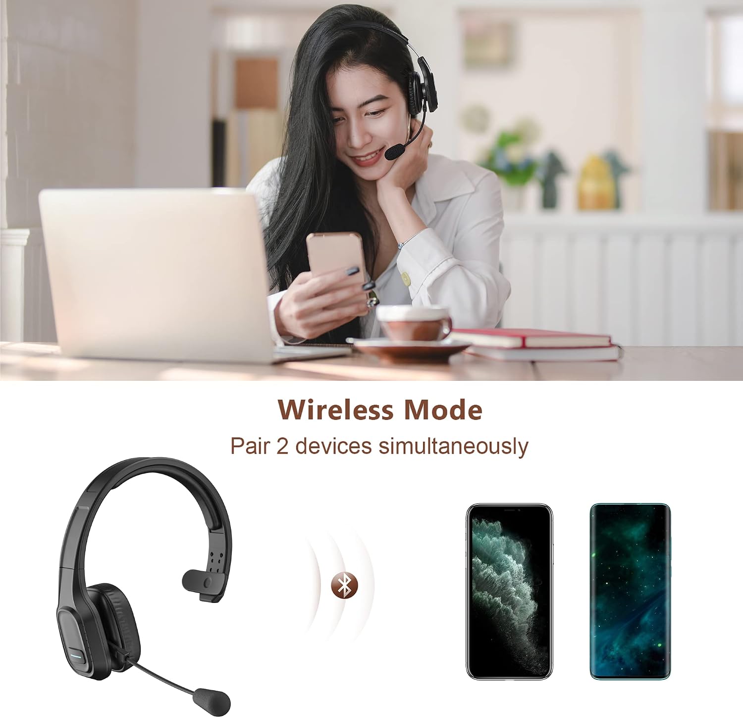 Trucker Bluetooth Headset V5.0, Wireless Headset with Noise Canceling&Mute Microphone for Cell Phones, On Ear Bluetooth Headphone for Computer