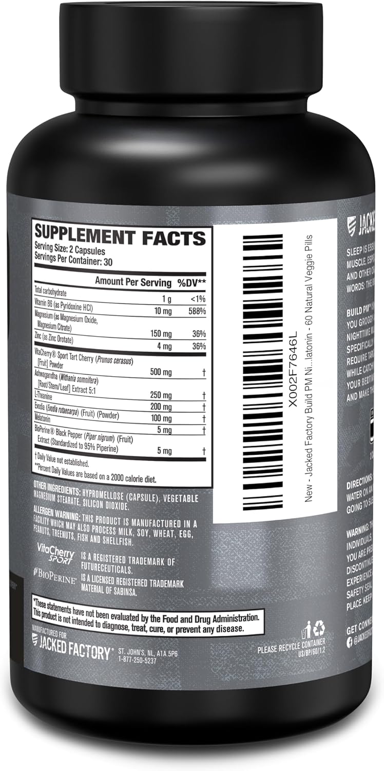 Jacked Factory Build PM Night Time Muscle Builder & Sleep Aid - Post Workout Recovery & Sleep Support Supplement w/VitaCherry Tart Cherry, Ashwagandha