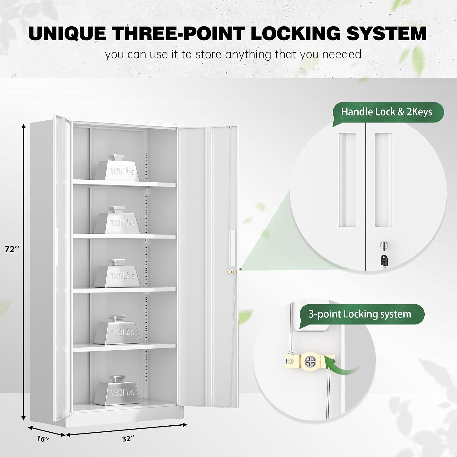 Greenvelly Steel SnapIt Storage Cabinet, 72" Locking Metal Garage Storage Cabinet with 4 Adjustable Shelves, 2 Doors and Lock for File, Office, Garage