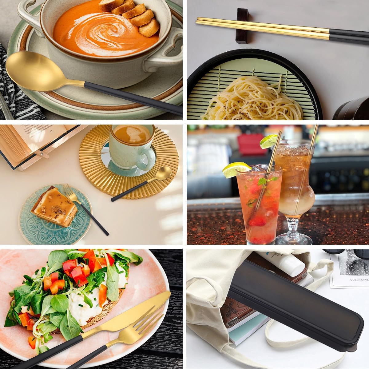 AARAINBOW 6 Pieces 18/8 Stainless Steel Flatware Set Portable Reusable Cutlery Set Travel Utensils Set Including Chopsticks Knife Fork Spoon Straws