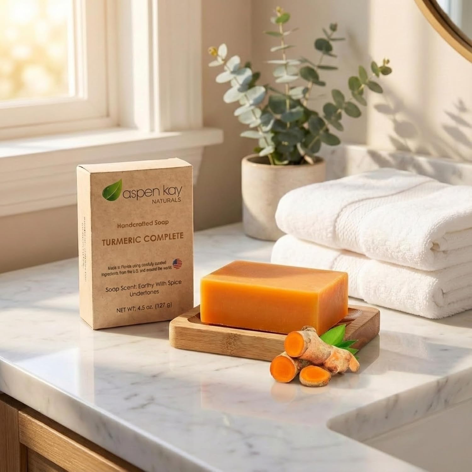 Turmeric Soap for Face & Body, Handmade, Cold Process, Organic. 4.5 oz | Gentle turmeric face wash & cleanser for glowing skin that feels refreshed, soft & balanced. Made in the USA