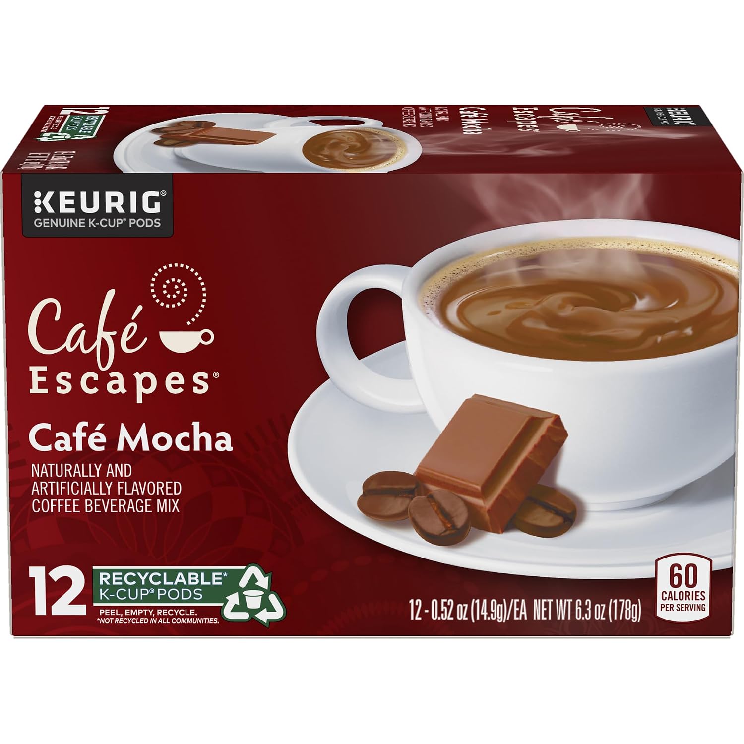 Cafe Escapes, Cafe Mocha Coffee Beverage, Single-Serve Keurig K-Cup Pods, 48 Count (2 Boxes of 24 Pods)
