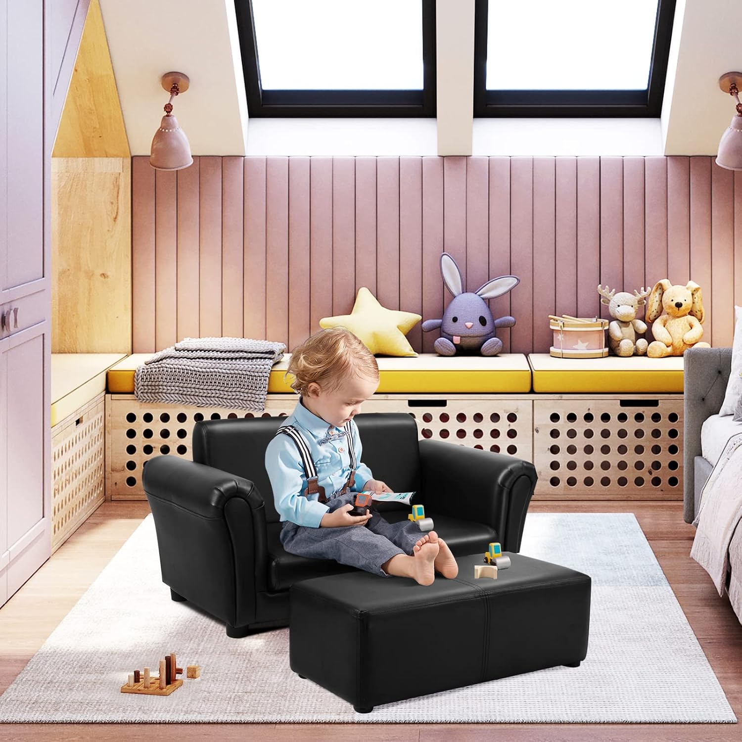 HONEY JOY Kids Sofa, 2 Seat Toddler Couch Lounge Bed with Ottoman, Sturdy Wood Construction