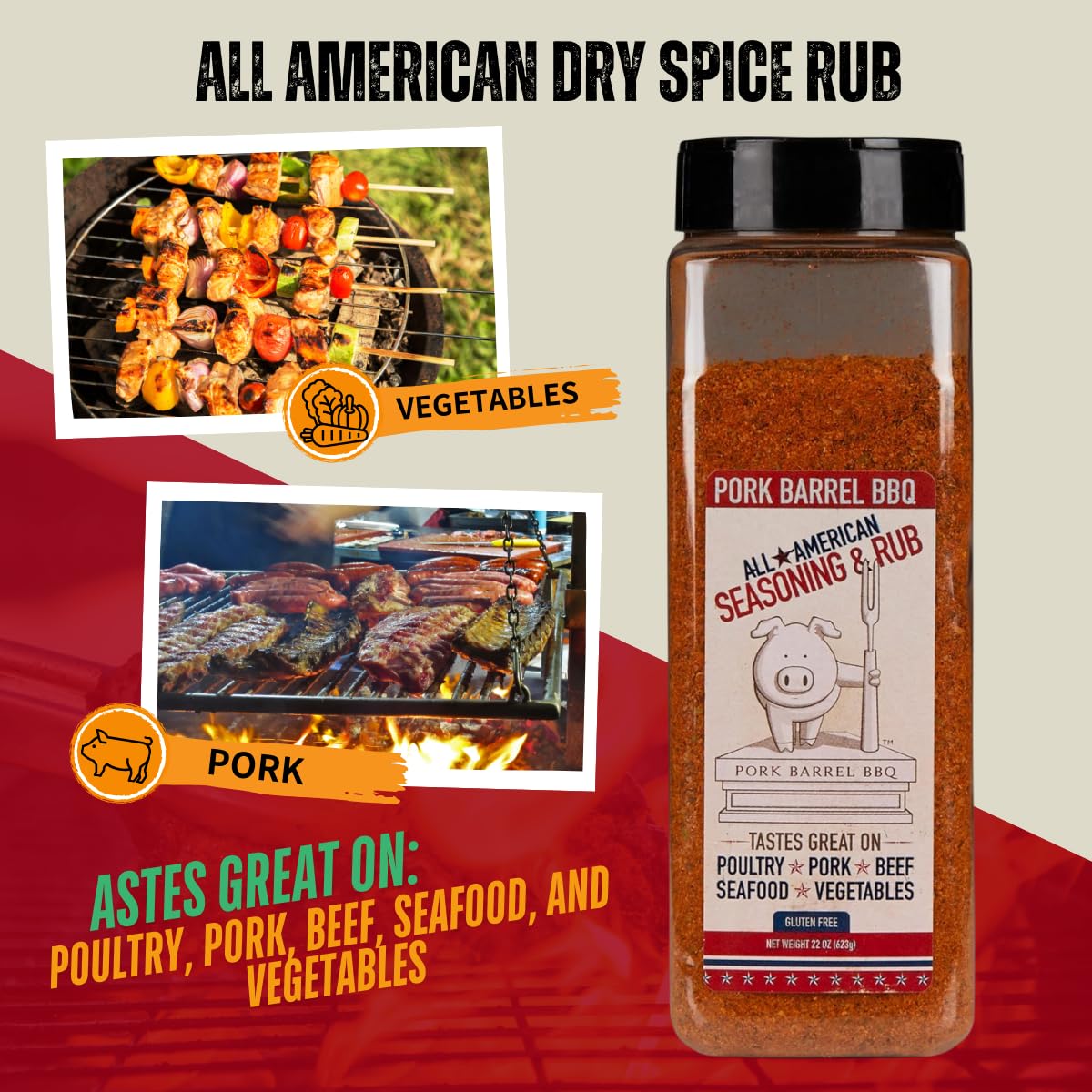Pork Barrel BBQ All-Purpose BBQ Seasoning & Rub | Sugar-Free, Gluten-Free, MSG-Free | All American BBQ Seasoning for Chicken, Beef & Pork – 22oz Jar