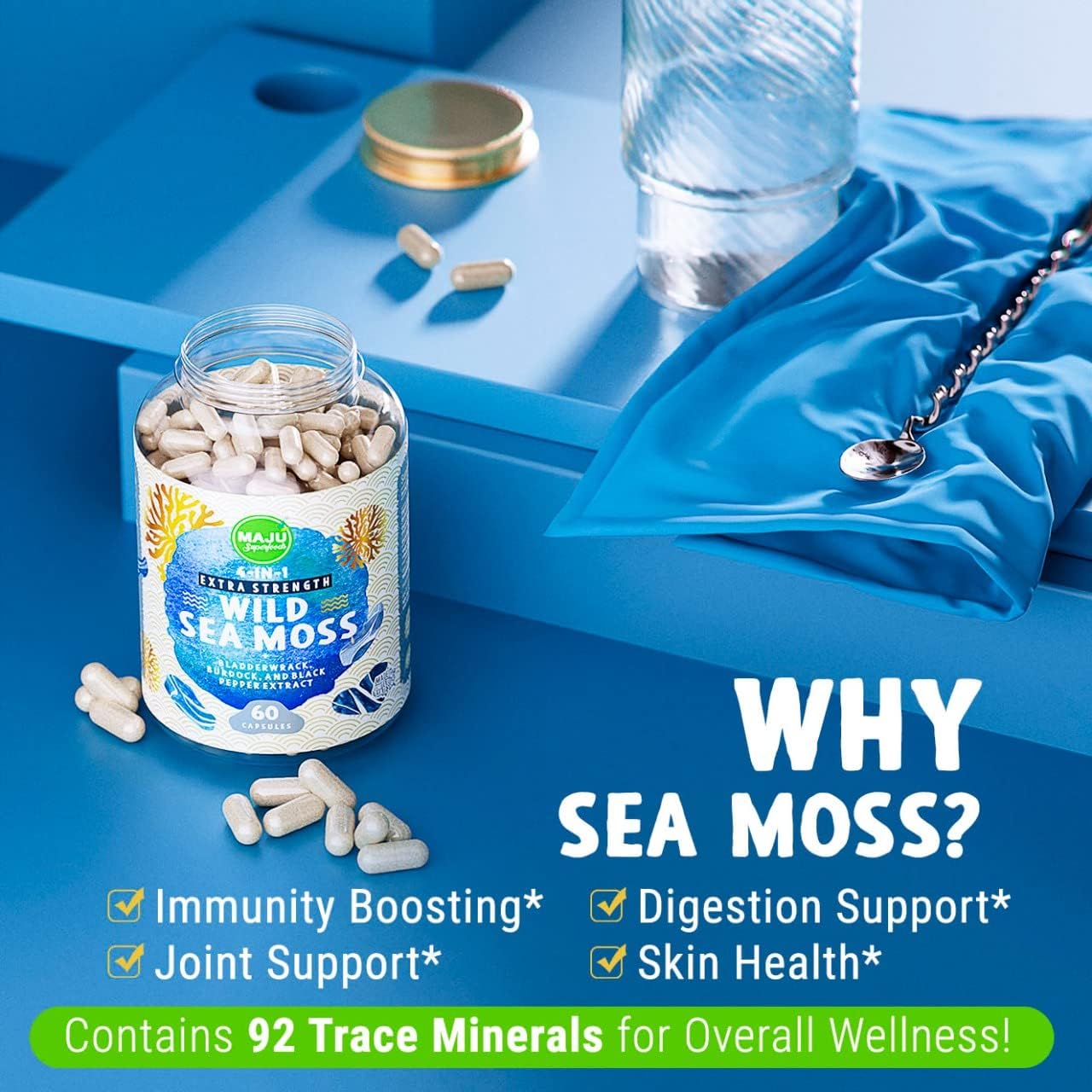 MAJU 4-in-1 Organic Sea Moss Capsules, Wild Chondrus Crispus, Seamoss w/Bladderwrack + Burdock Root, Stronger Than Gel, Irish
