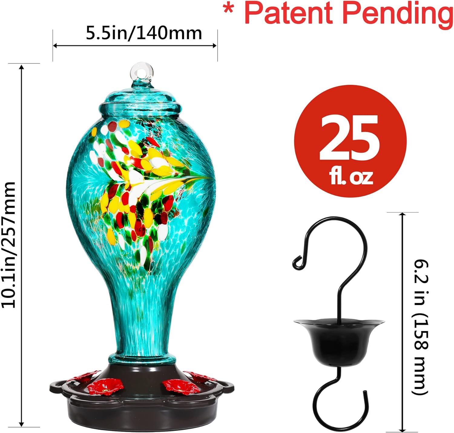 LUJII Hummingbird Feeder, Hand Blown Glass Hummingbird Feeder, Never Fade, 36 Fluid Ounces, 5 Feeding Metal Stations, Much Bigger, Garden Backyard Decorative, Containing Ant Moat (Blue)