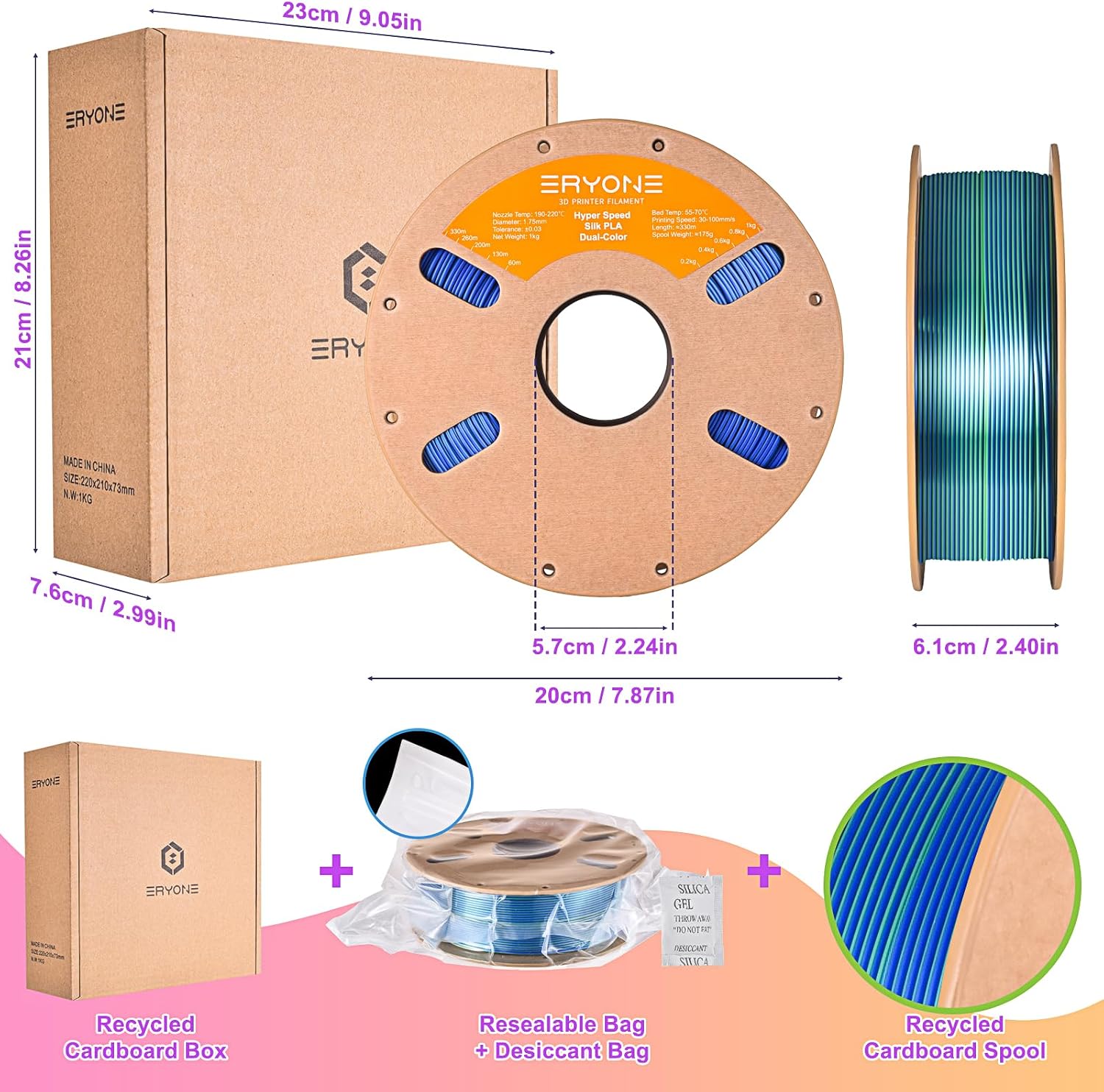 ERYONE Silk Filament PLA+ 1.75mm Upgraded Shiny 3D Printer Filament, Gloss Finish, Fit Most FDM Printer Stable Printing,1kg (2.2LBS)/Spool, Silver