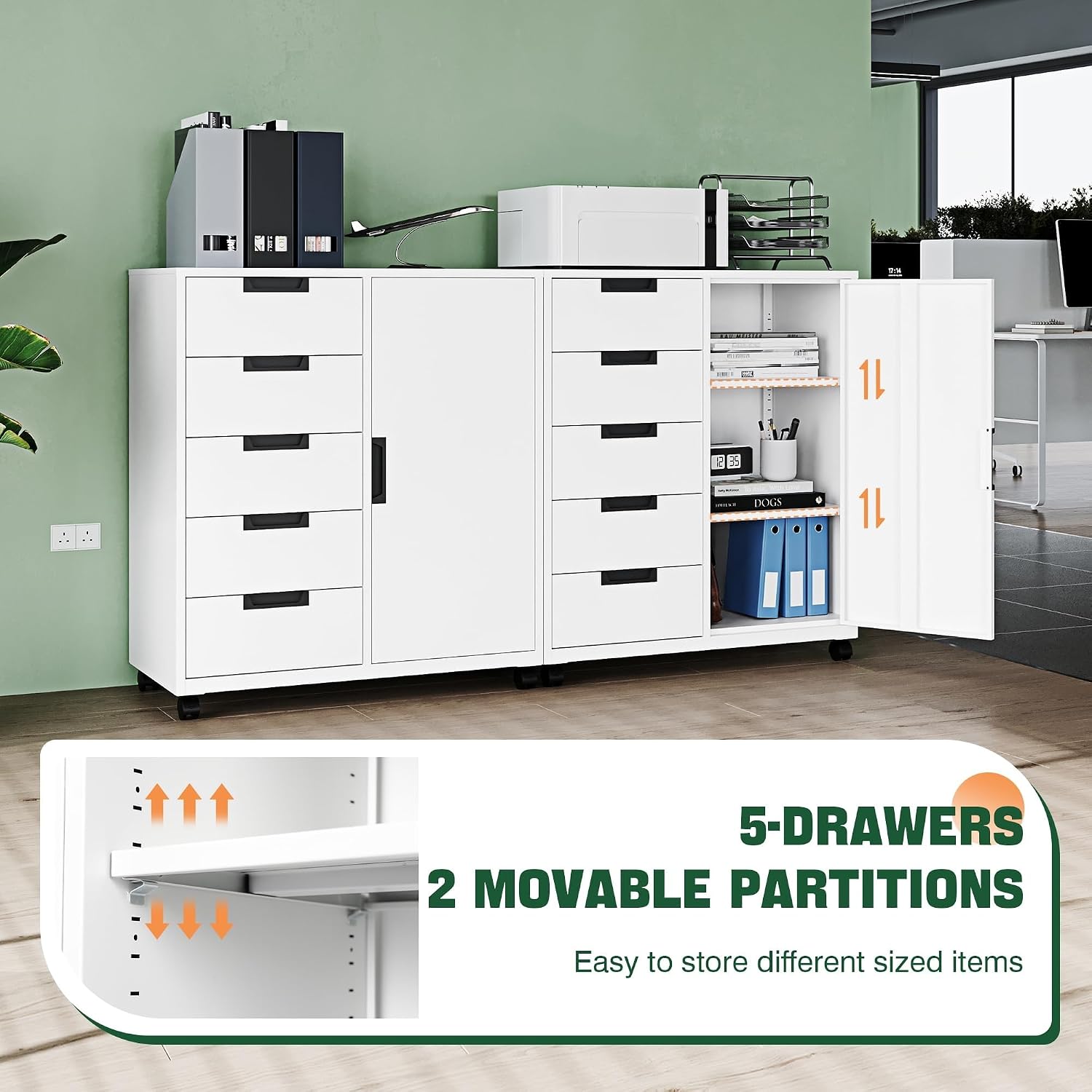 5 Drawer Storage Cabinet, Mobile Printer Stand for Home Office,Dresser Chest with Shelves and Door(White)