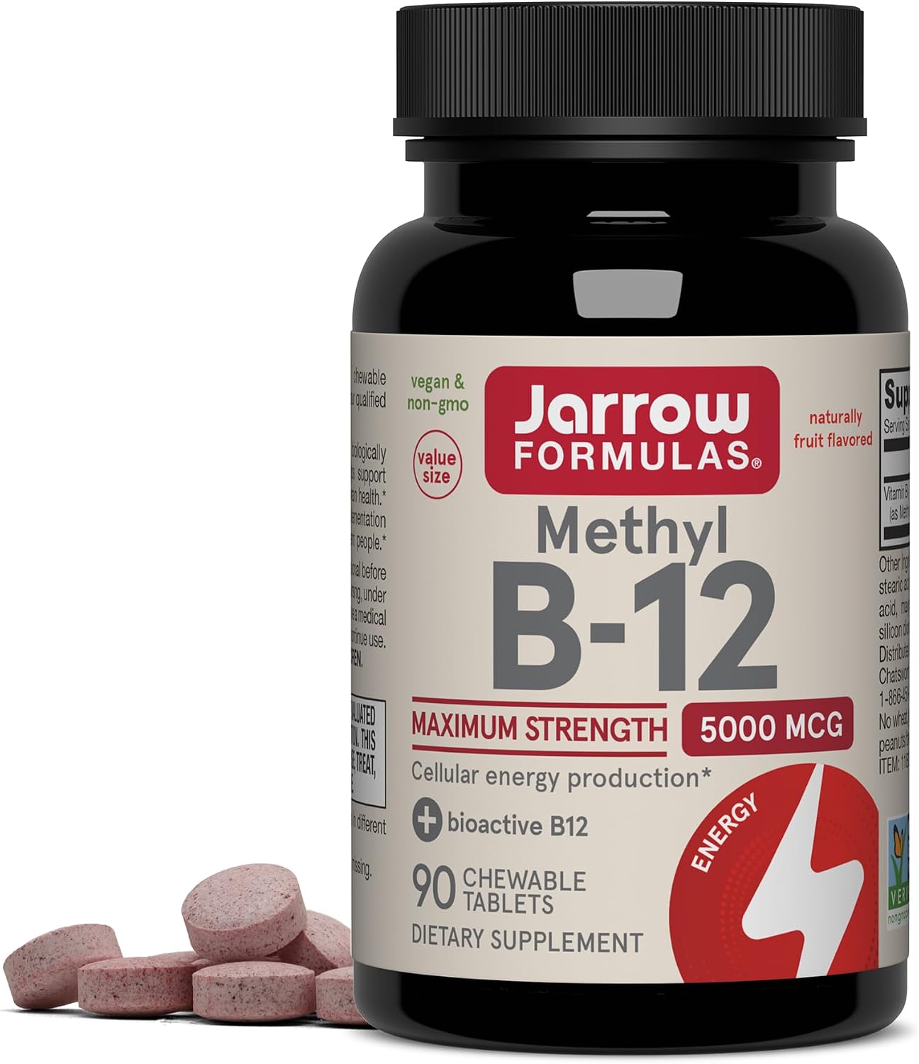 Jarrow Formulas Methyl Vitamin B12 5000 mcg - 60 Chewable Tablets, Naturally Fruit Flavored- Bioactive B12 Vitamin - Supports Cellular Energy Production, Brain Health & Metabolism - 60 Servings | Fruit Flavored, Bioactive B12 Vitamin, Supports Cellular E…