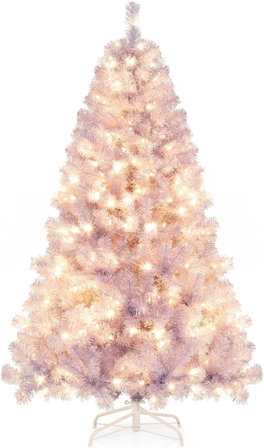 Goplus 7.5ft Pre-Lit Artificial Christmas Tree, Premium PVC Snow Flocked Hinged Pine Tree with Metal Stand and LED Lights