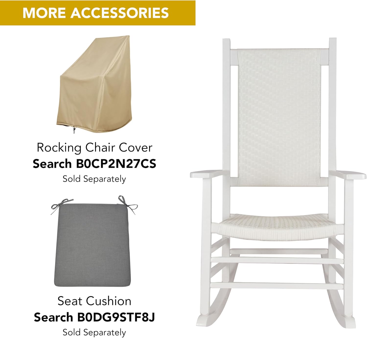 Shine Company Hampton Porch Rocker, High Back Wood Rocking Chair, Rattan Backrest & Seat, White