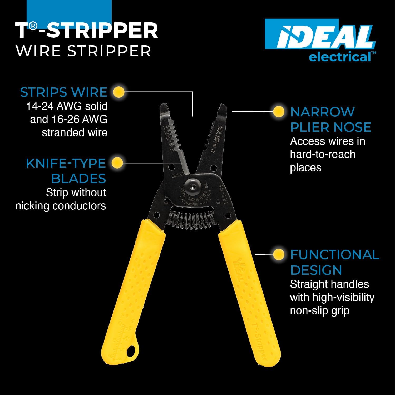 IDEAL Electrical Reflex Super T-Stripper Wire Strippers, 8–16 AWG Solid, 10–18 AWG Stranded, Ergonomic Wire Cutter and Stripping Tool with Textured Sleeves, Locking Handle