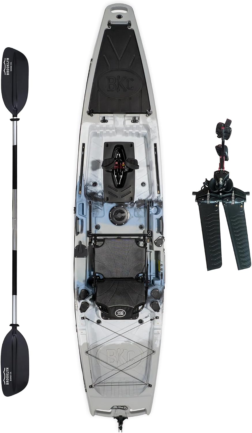 BKC Brooklyn 12.5 Pro Pedal Fishing Kayak, Propeller Drive | Hands-free propeller drive, rudder steering, 550 lb capacity, dry storage, rod holders, 12.5 ft sit-on-top hull