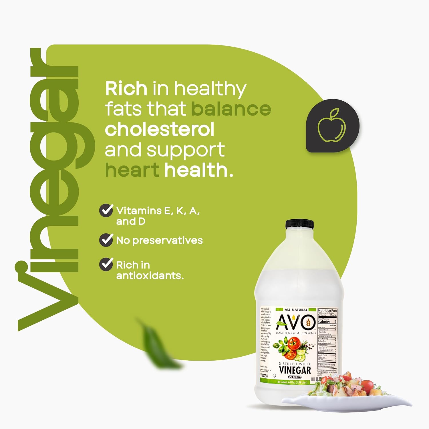 AVO Distilled White Vinegar 1 Gallon (128 oz) - 5% Acidity, Pure Natural White Vinegar Gallon