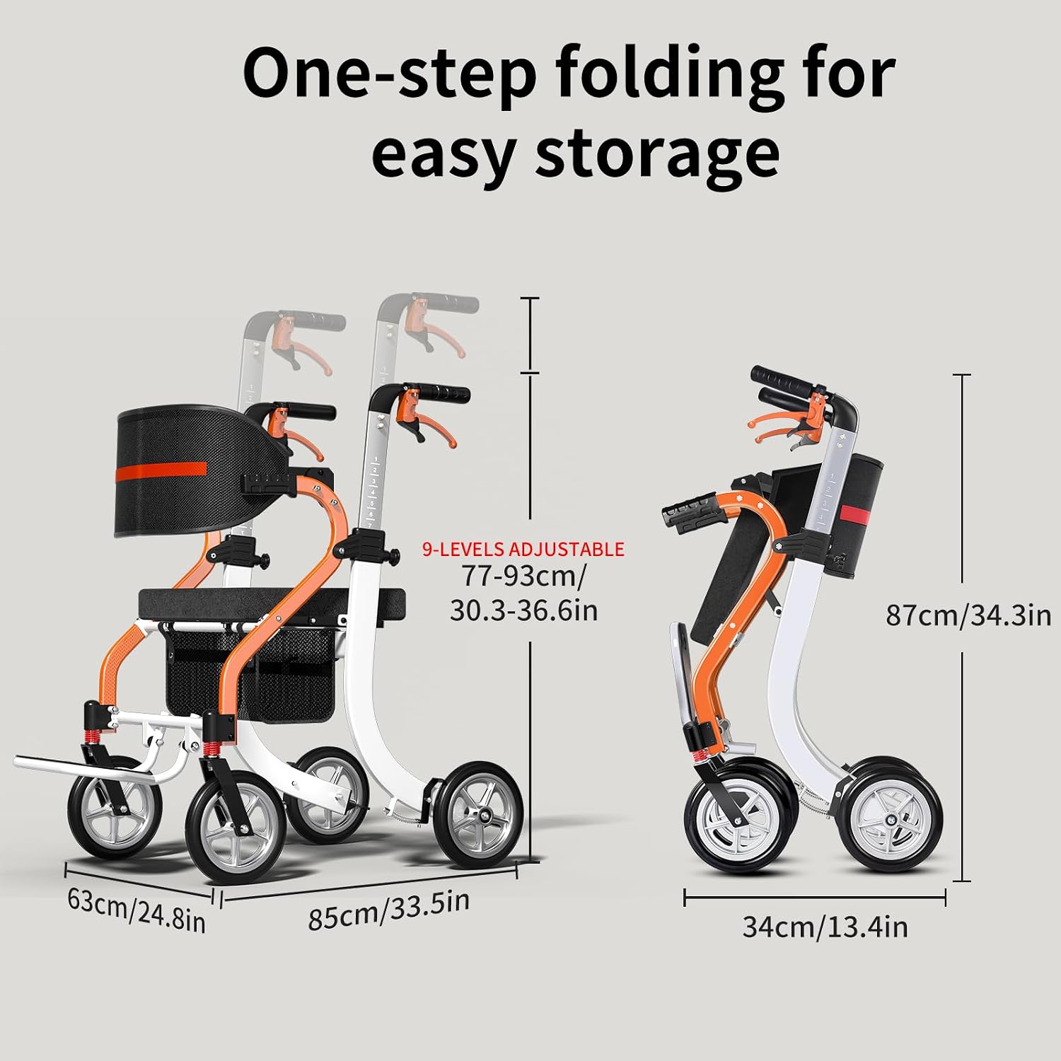 Nihhcune 4 in 1 Rollator Walker Transport Wheelchair Combo - No Assembly | 20lb Lightweight Mobility Rolling Walker with Seat for Seniors, Foldable Travel Chair, 8" All-Terrain Wheels, Supports 300lbs