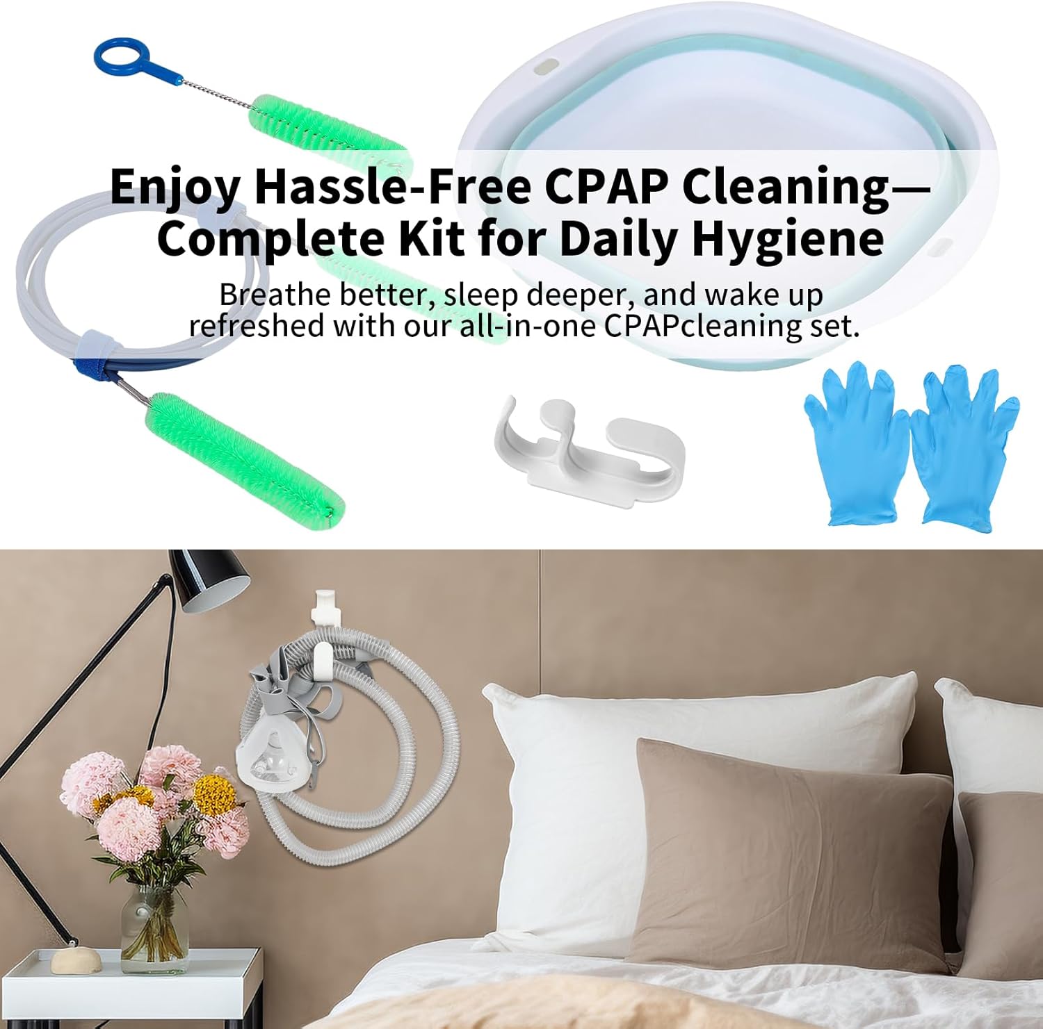 CPAP Cleaner Kit - Dedicated Basin & Flexible Tube Brush | CPAP cleaning kit: dedicated basin, long brush, drying hook