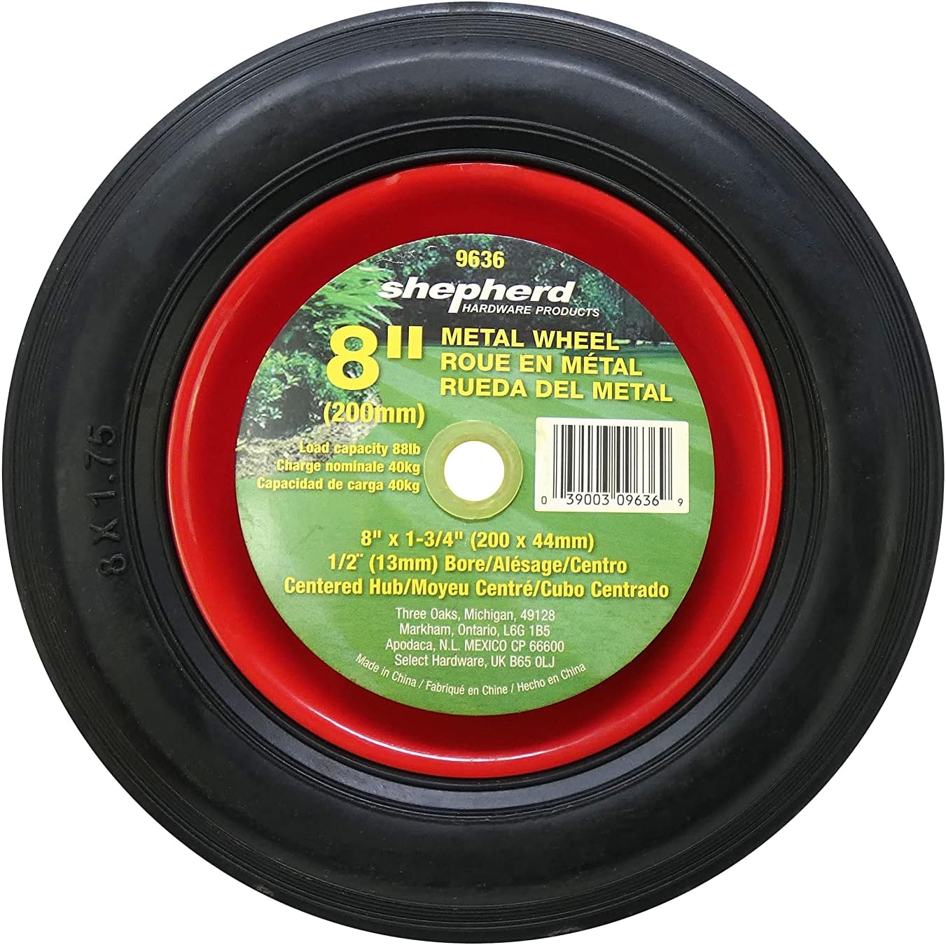 Shepherd Hardware 9636 8-Inch Semi-Pneumatic Rubber Tire, Steel Hub with Ball Bearings, Ribbed Tread, 1/2-Inch Bore Centered Axle