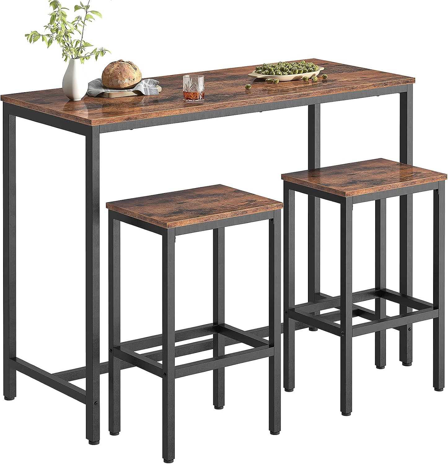 HOOBRO Bar Table and Chairs Set, 47.2” Rectangular Pub Table with 2 Stools for Small Space, 3-Piece Breakfast stools Set, Sturdy Metal Frame