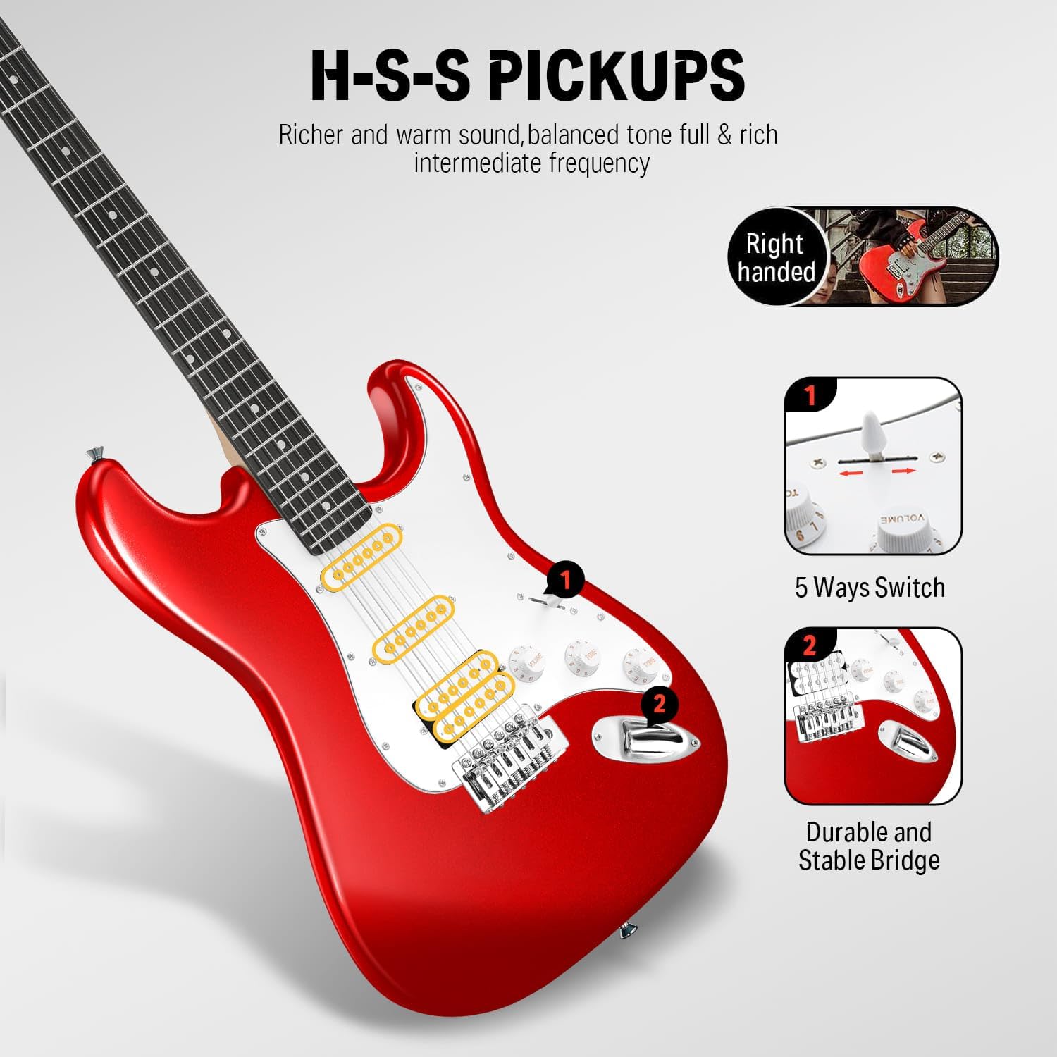 Donner 39-Inch Electric Guitar Starter Kit with Solid Body, HSS Pickup, Accessories, Amplifier, Lessons, and Digital Tuner - Red