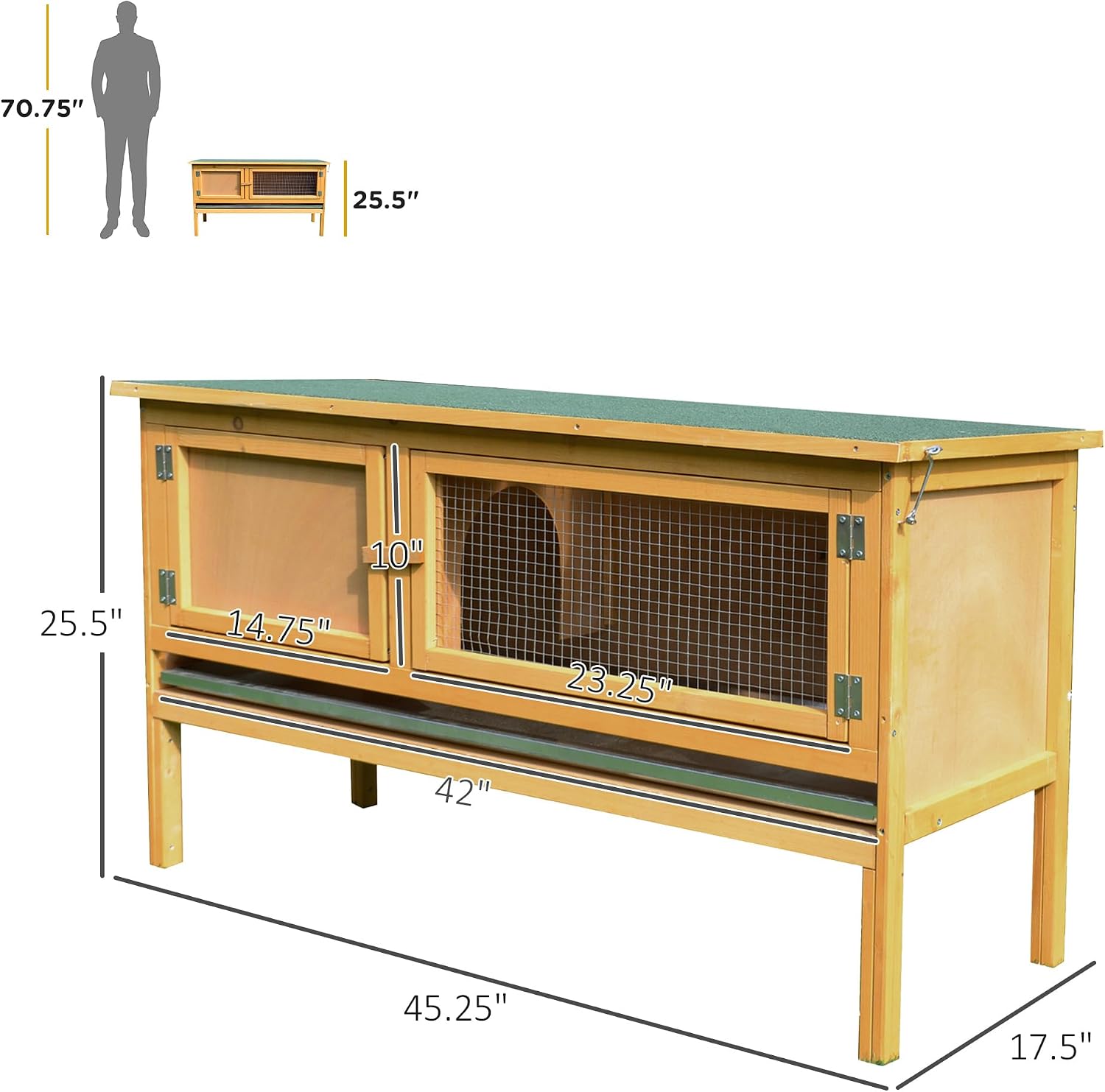 PawHut Wooden Rabbit Hutch Bunny Cage Openable Waterproof Roof for Rabbits | No Leak Tray, Solid Fir Wood Build, for Chickens, Ducks, Indoor/Outdoor