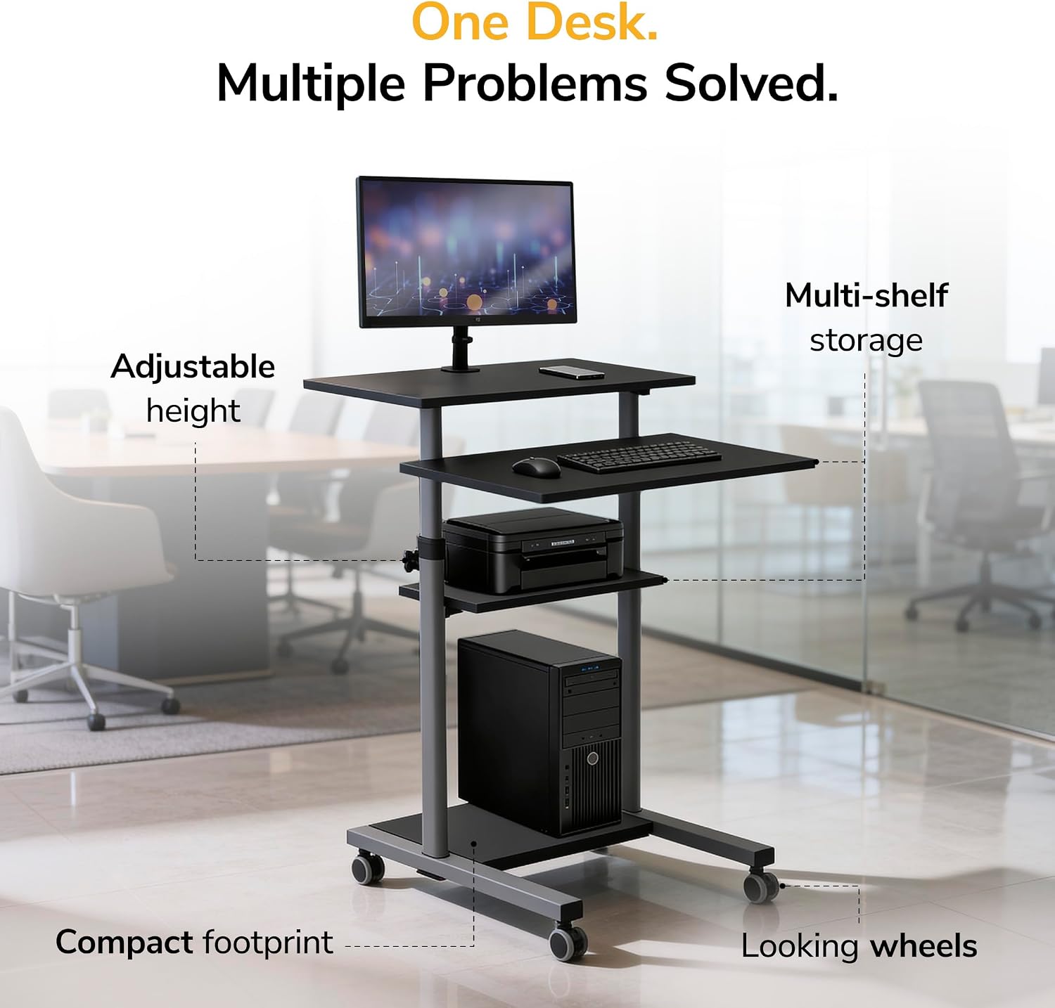 Mount-It! Black Rolling Standing Desk, Adjustable Height up to 54.7", Portable Laptop Podium Desk on Wheels, Mobile Computer Workstation with 4 Shelves 27.5" Wide, Cart for Home Office or Classroom