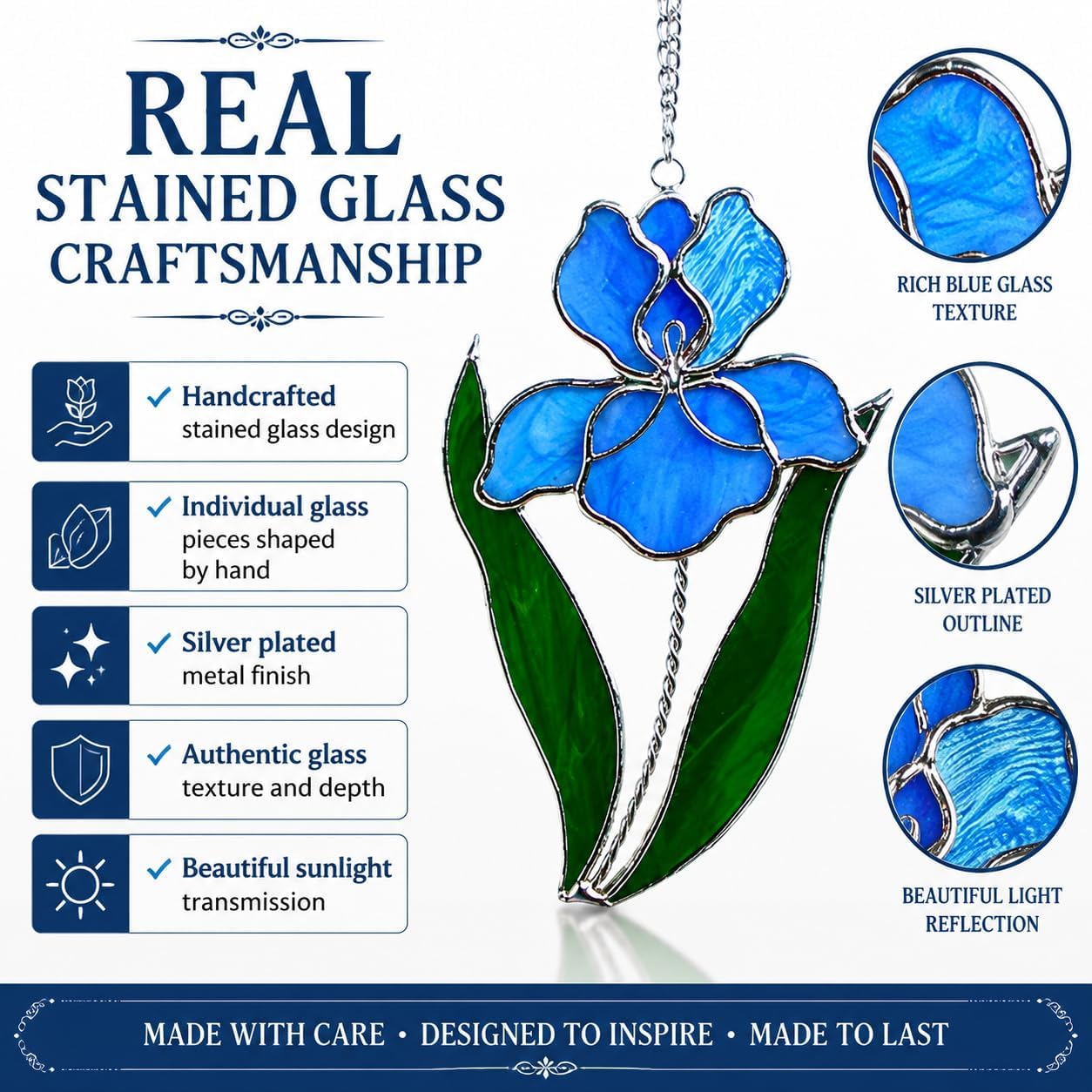 Blue Iris Stained Glass Suncatcher 7x4 Inch – Real Stained Glass Silver Plated Hanging Flower Ornament – Christian Symbol of Faith Wisdom Hope