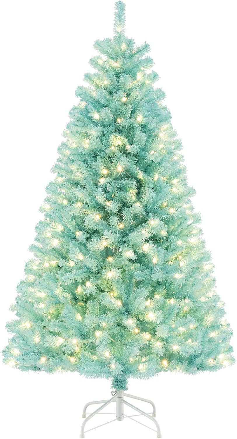 Goplus 7.5ft Pre-Lit Artificial Christmas Tree, Premium PVC Snow Flocked Hinged Pine Tree with Metal Stand and LED Lights